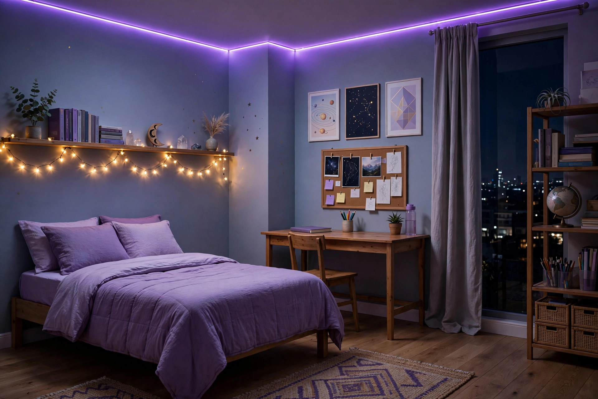 Tween bedroom glowing at night with purple LED strip lights and warm fairy lights