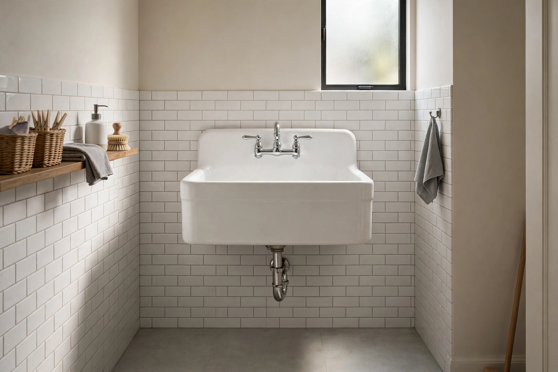 Wall-mounted vitreous china laundry sink with open floor space below in a small room