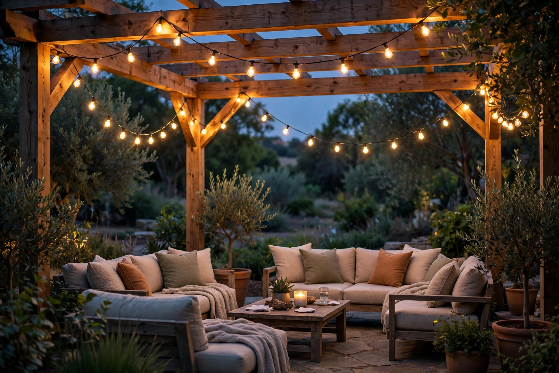 Warm string lights swagged along wooden pergola beams over seating