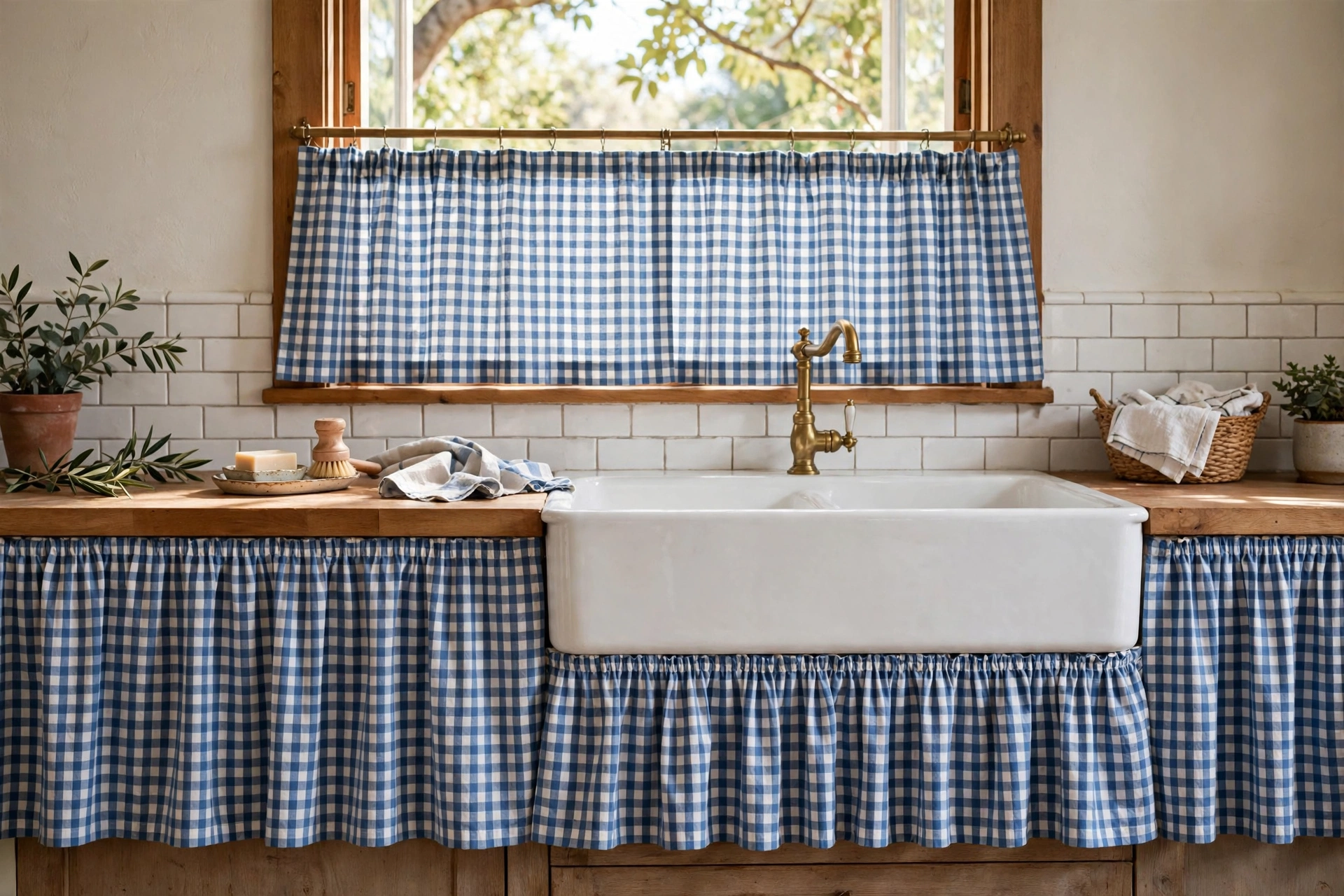 Bistro-style half-height cafe sink skirt under an apron sink with matching window curtain
