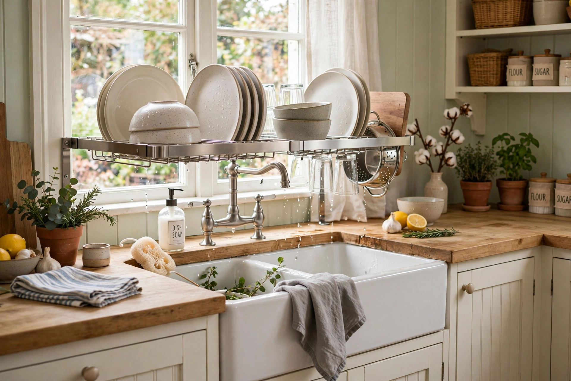 Over-the-sink stainless plate rack used as a drip-dry display in a bright cottage kitchen