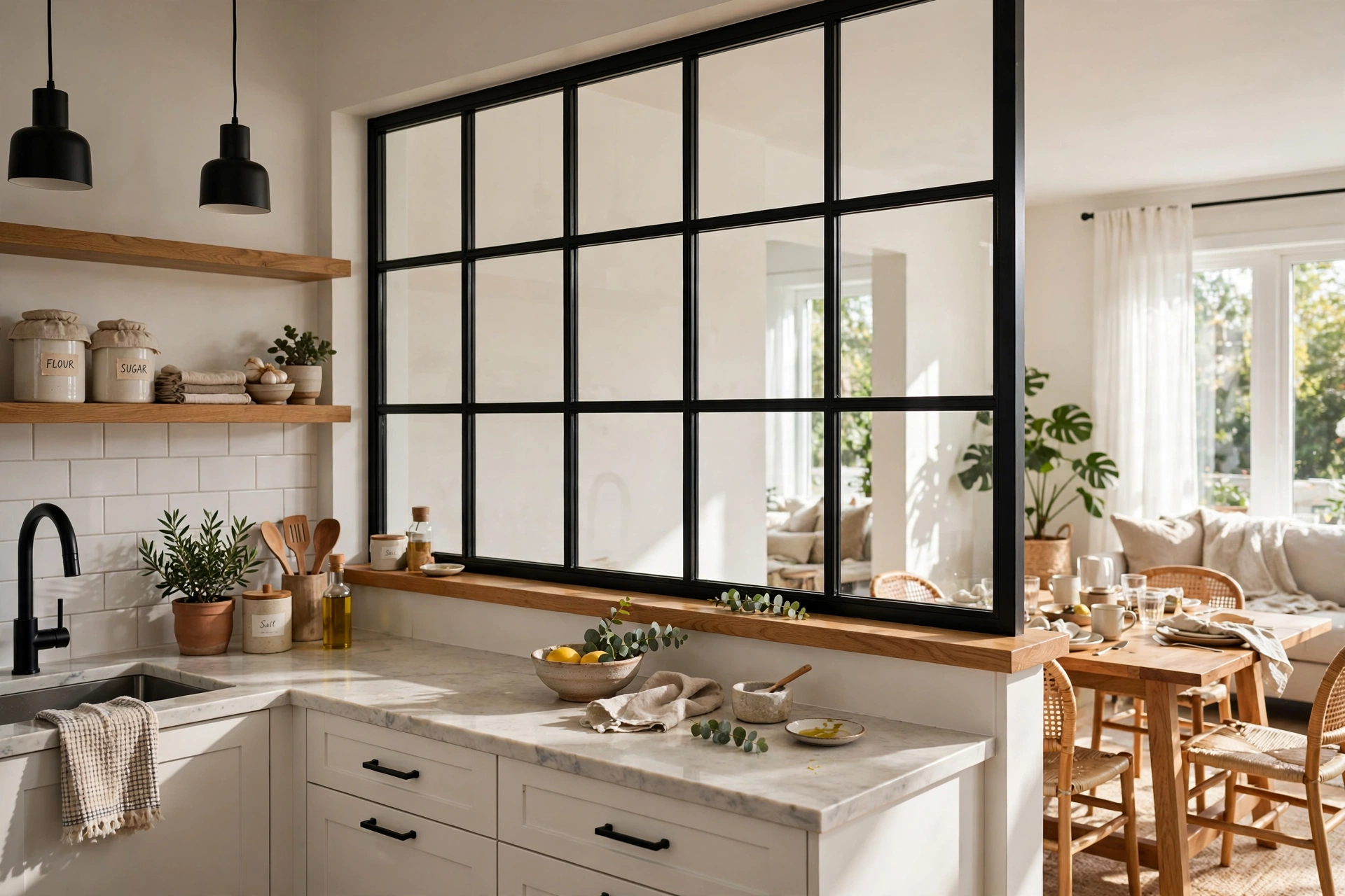 Modern kitchen pass-through with a black-framed glass partition above a serving ledge