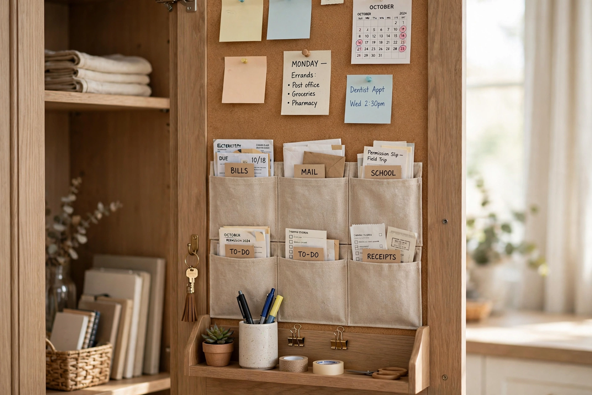 Command center built inside a tall cabinet door with cork board and slim mail pockets
