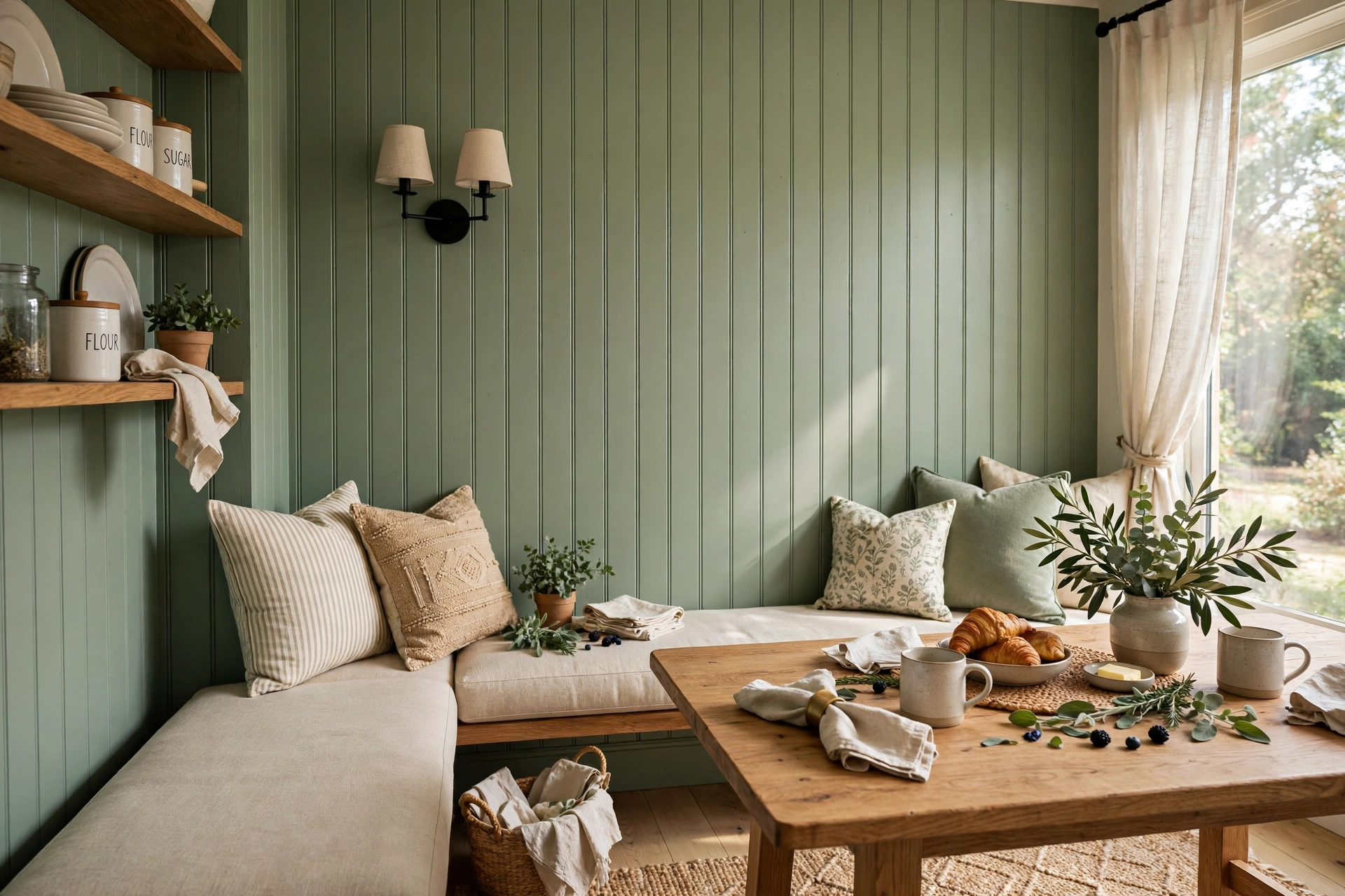 Full-height sage green beadboard accent wall behind a kitchen banquette nook