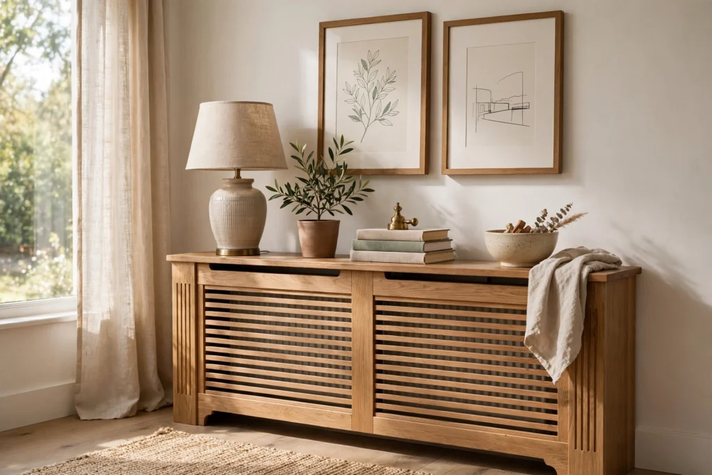 Radiator cover styled like a console table with lamp and framed art