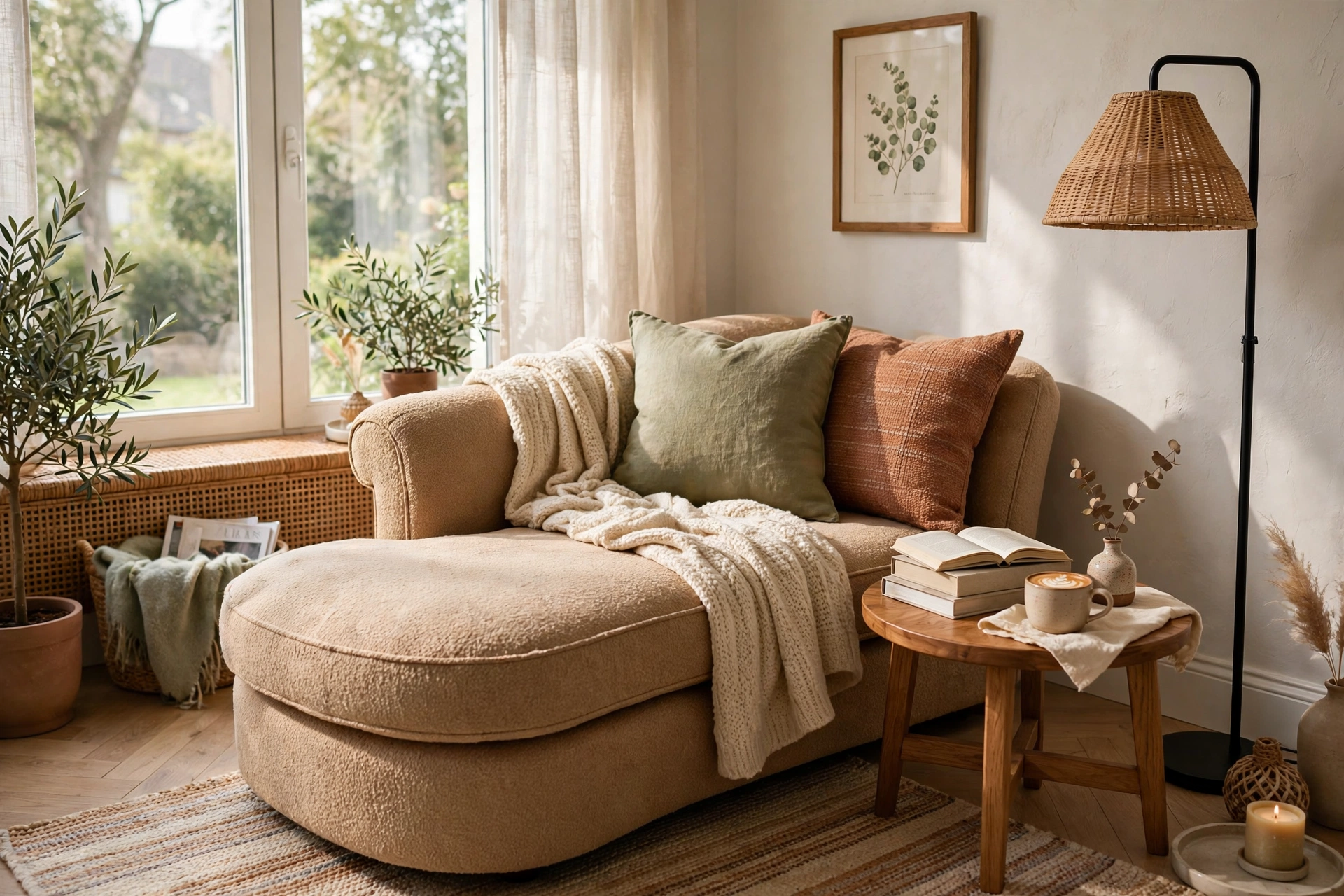 Cozy reading nook with chaise lounge, floor lamp, and side table
