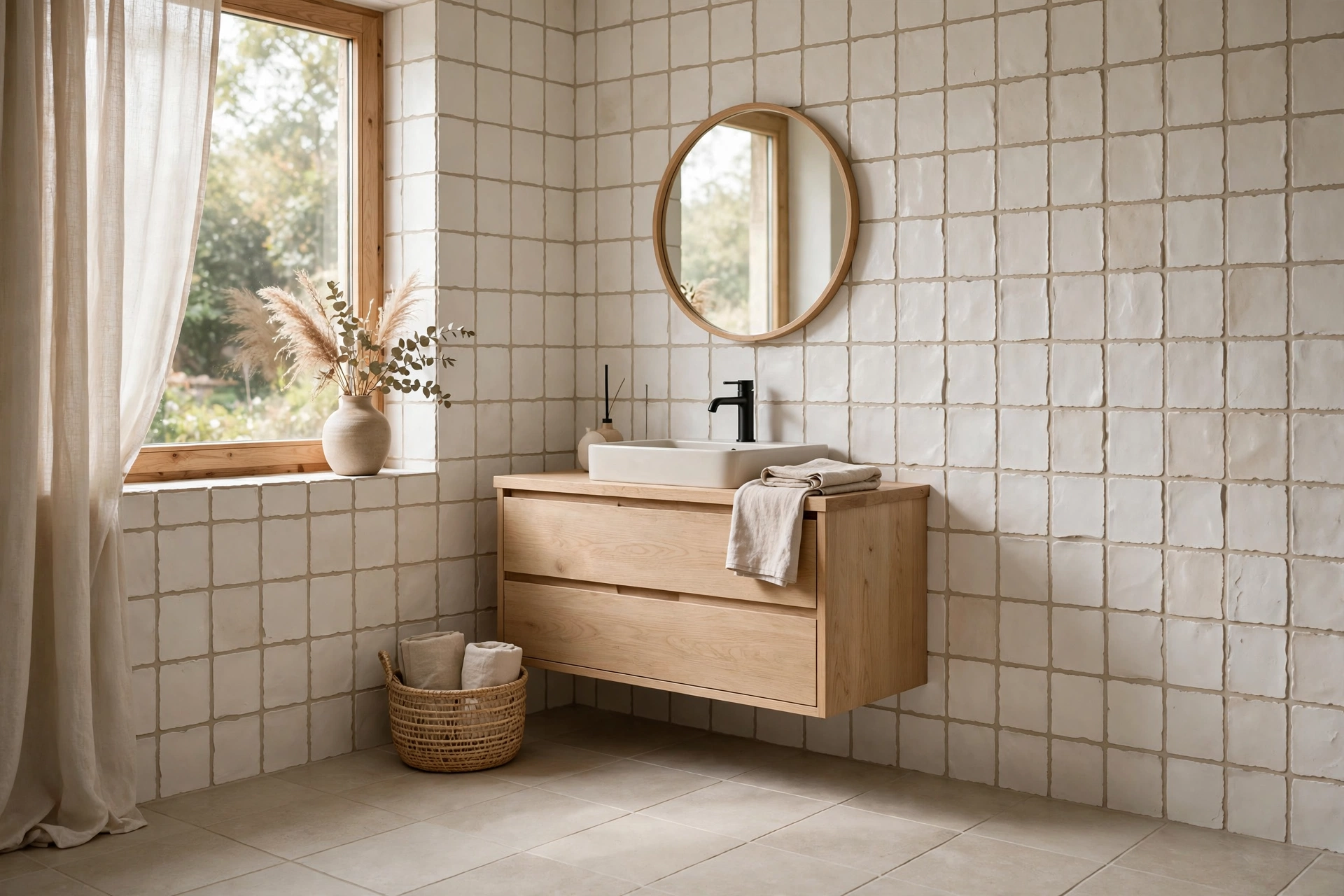 Matte warm-white wall tiles with greige floor tiles in Japandi bathroom