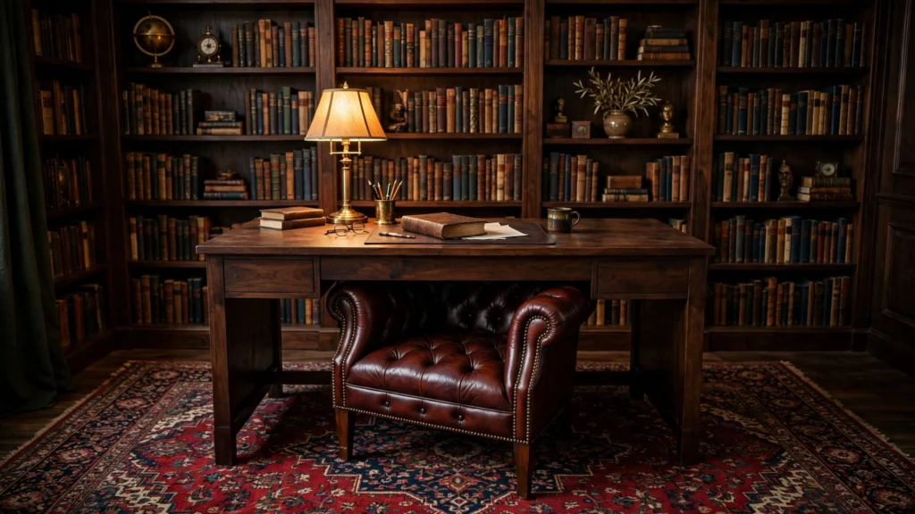 Oxblood leather tufted Chesterfield desk chair at a walnut desk in a scholarly home office