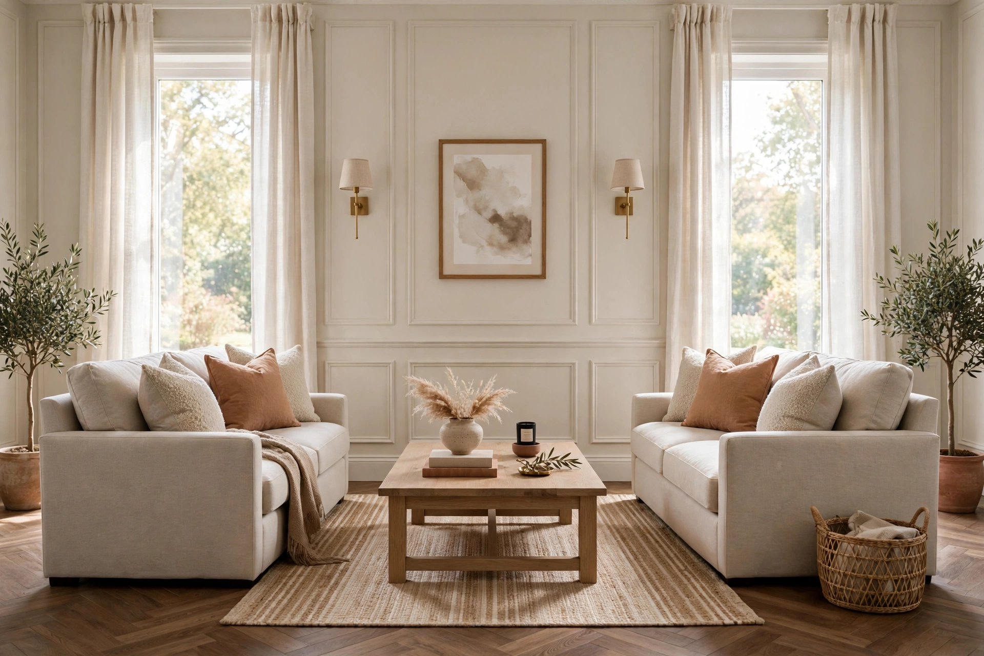 Symmetrical living room with two matching loveseats facing across a coffee table