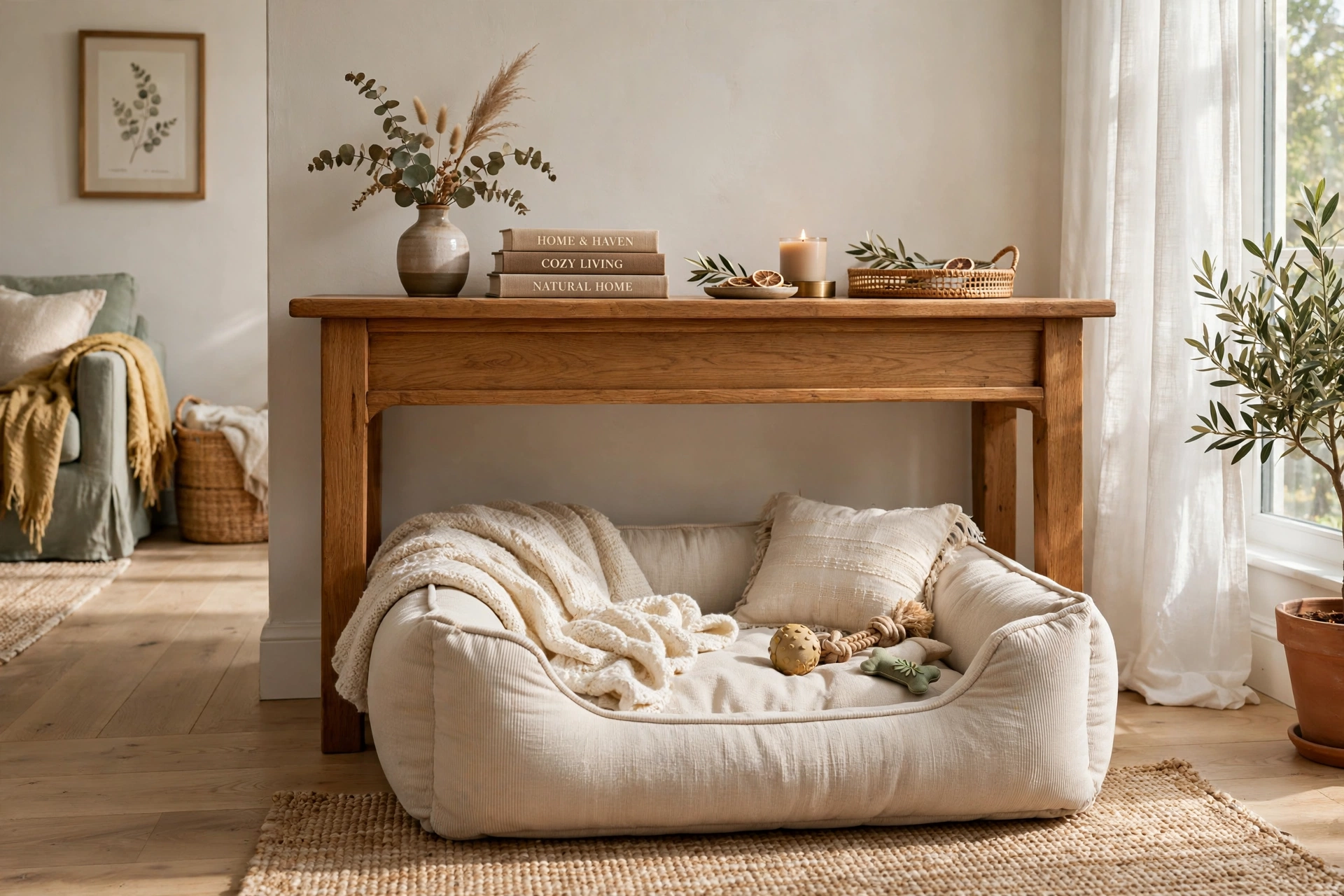 Cozy dog bed nestled under a wooden console table in the living room