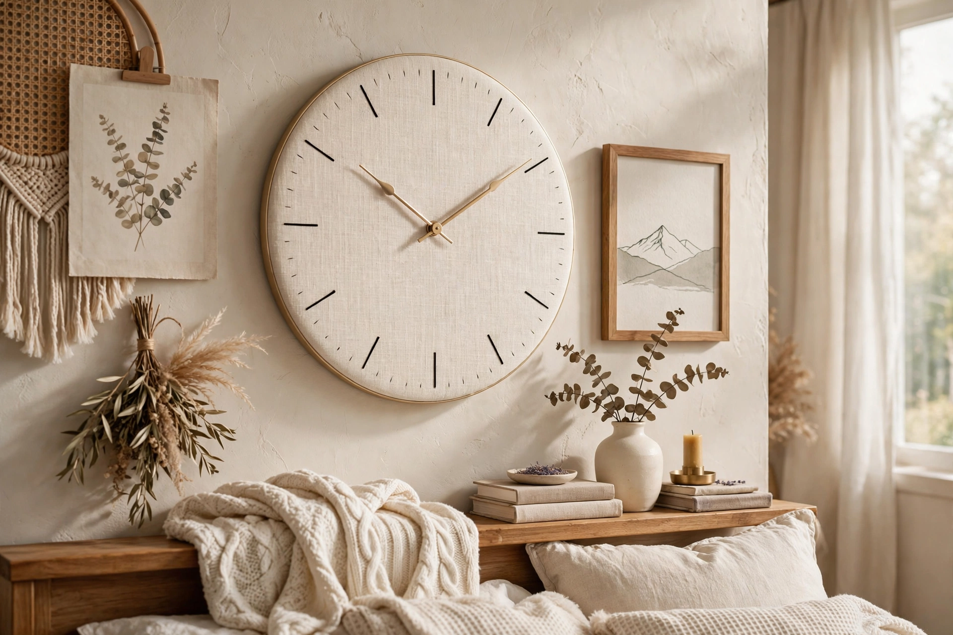 Cream linen-textured clock face adding softness to a cozy layered bedroom wall