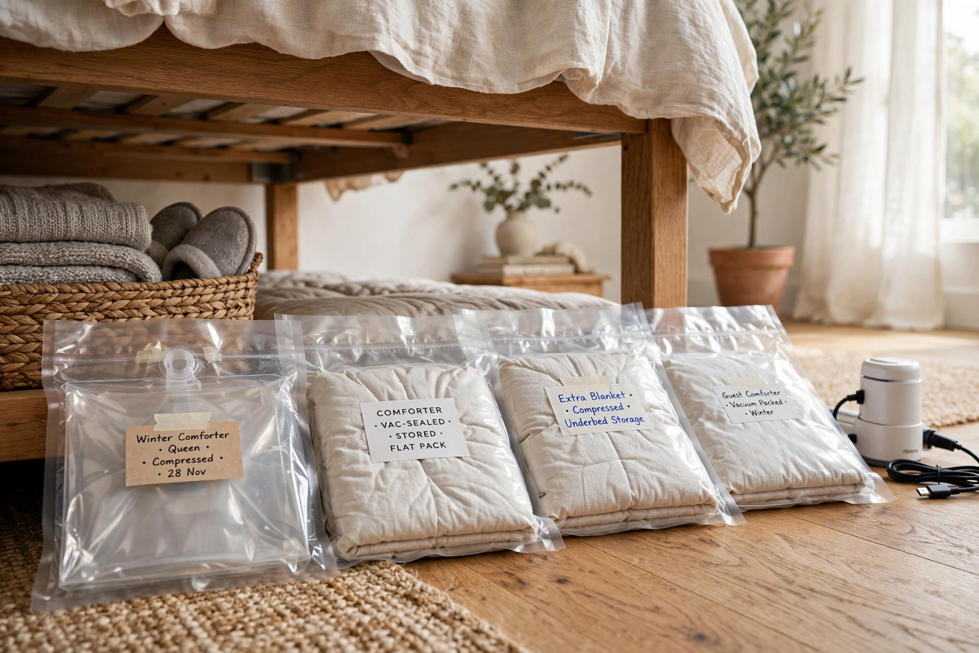 Vacuum-seal bags compressing a bulky comforter flat for under-bed storage