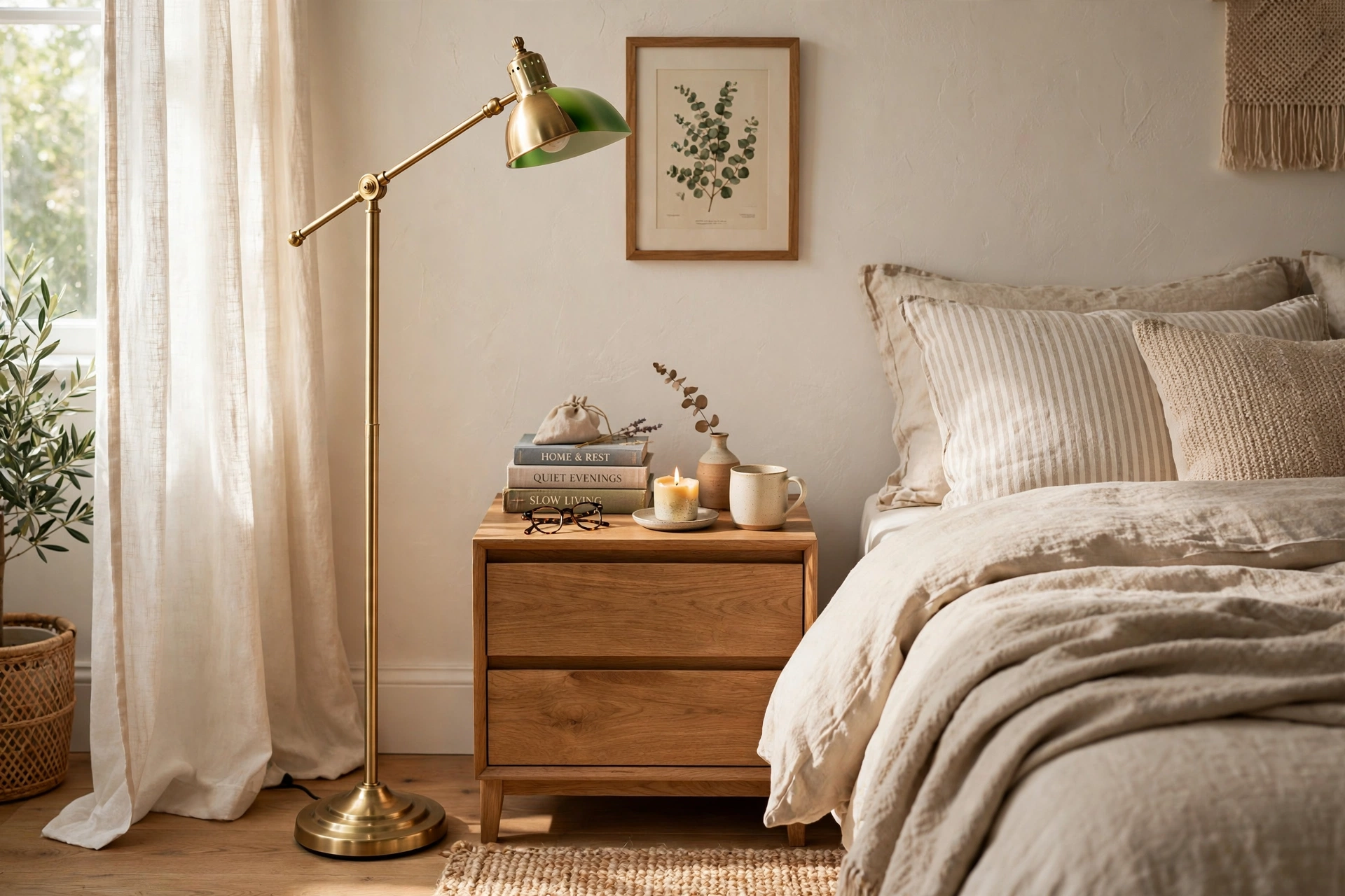 Slim brass pharmacy floor lamp beside a nightstand for bedtime reading