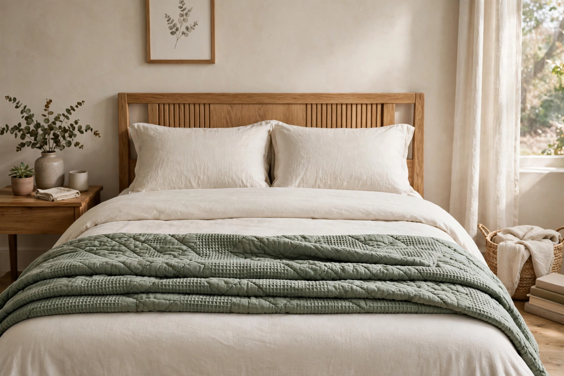 Textured quilt folded across the lower third of a neatly made bed