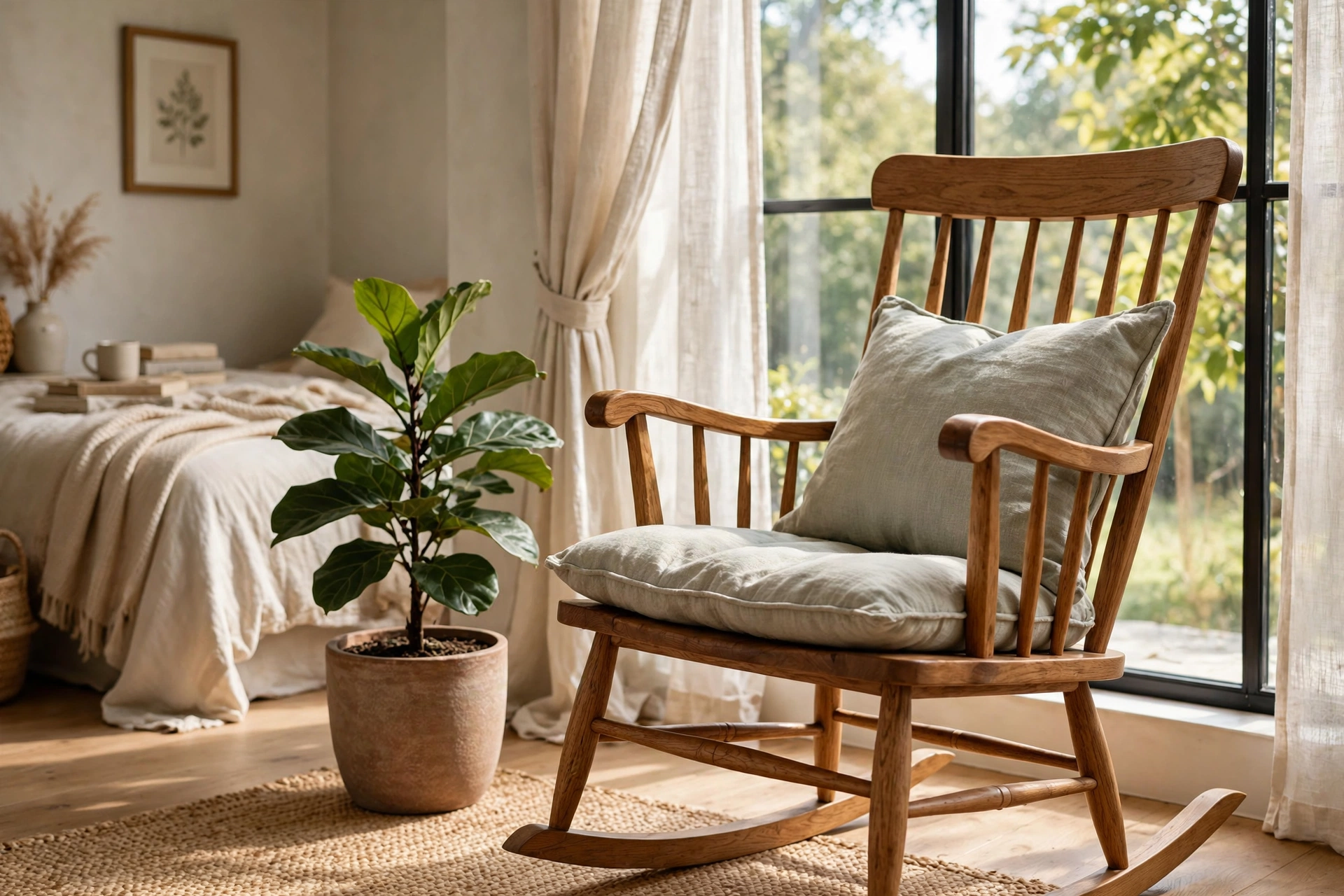 Wooden rocking chair with a cushion beside a bedroom window and plant
