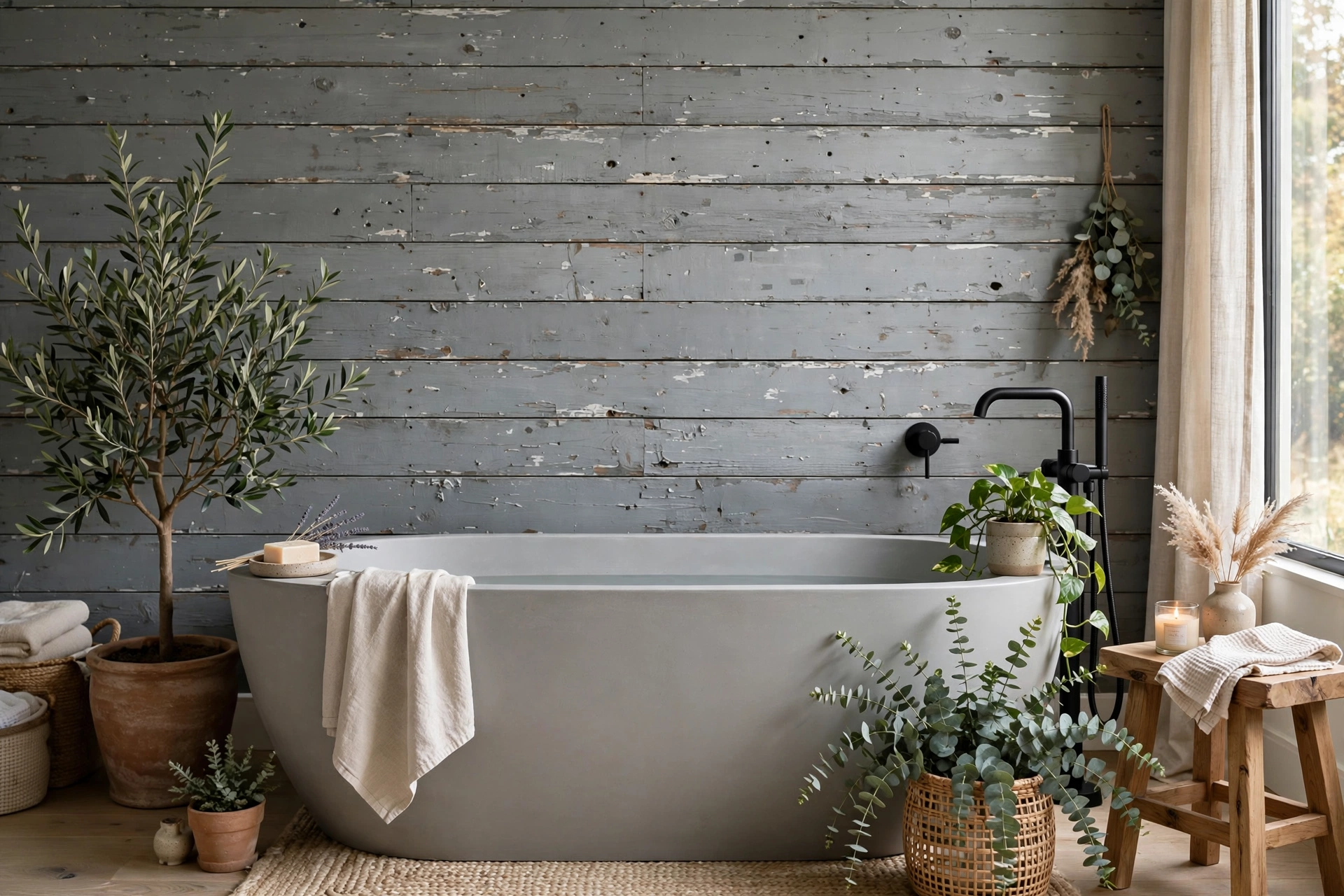 Weathered gray shiplap wall behind a freestanding soaking tub with plants