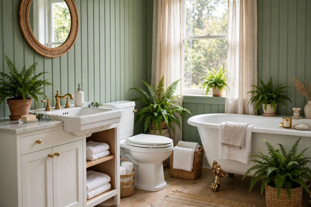 Sage green beadboard bathroom walls with white fixtures and potted ferns