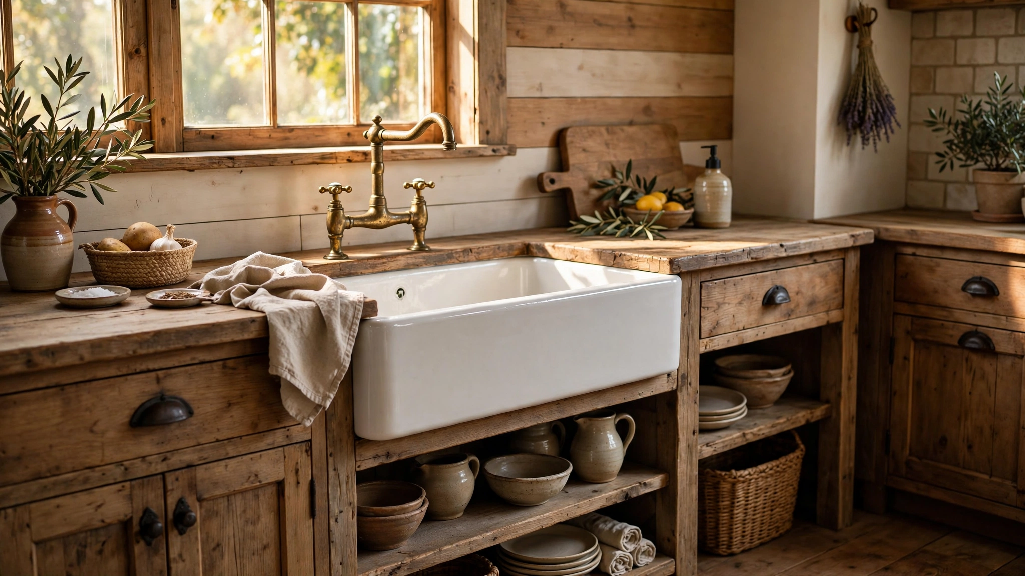 Fireclay apron-front sink with vintage style faucet in a rustic kitchen