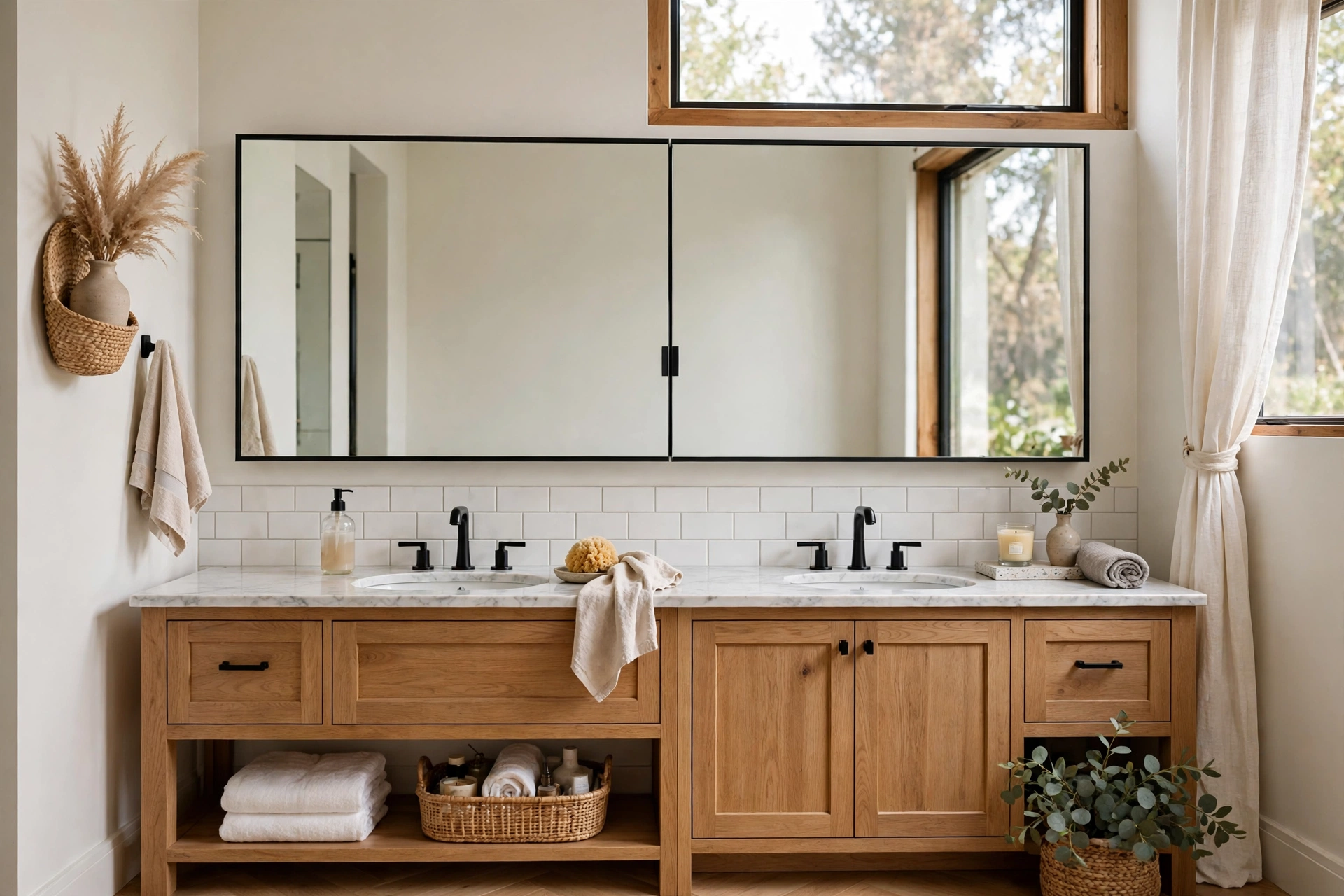 Wide double-door medicine cabinet spanning a double vanity