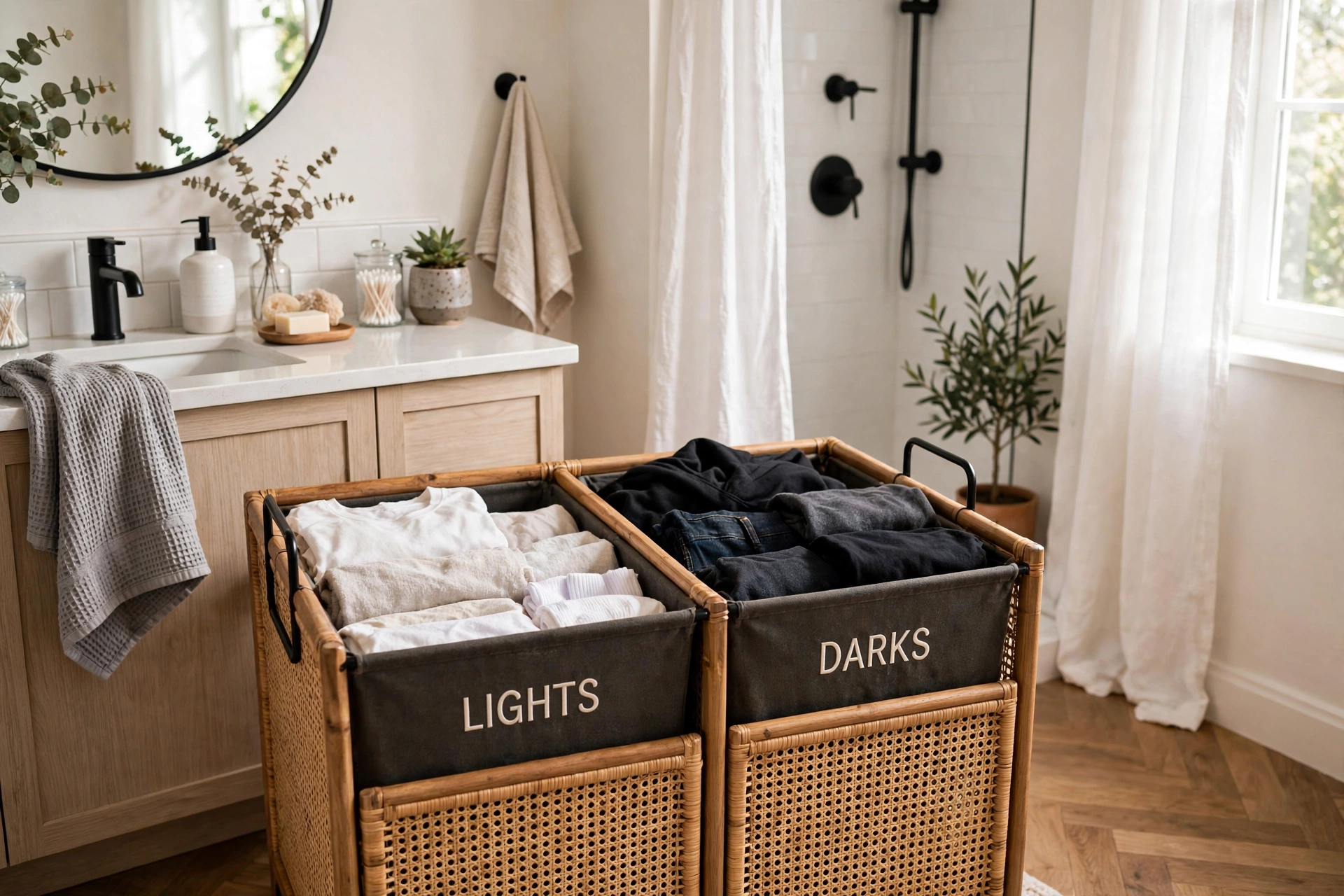 Double-compartment laundry hamper for sorting lights and darks in a bathroom