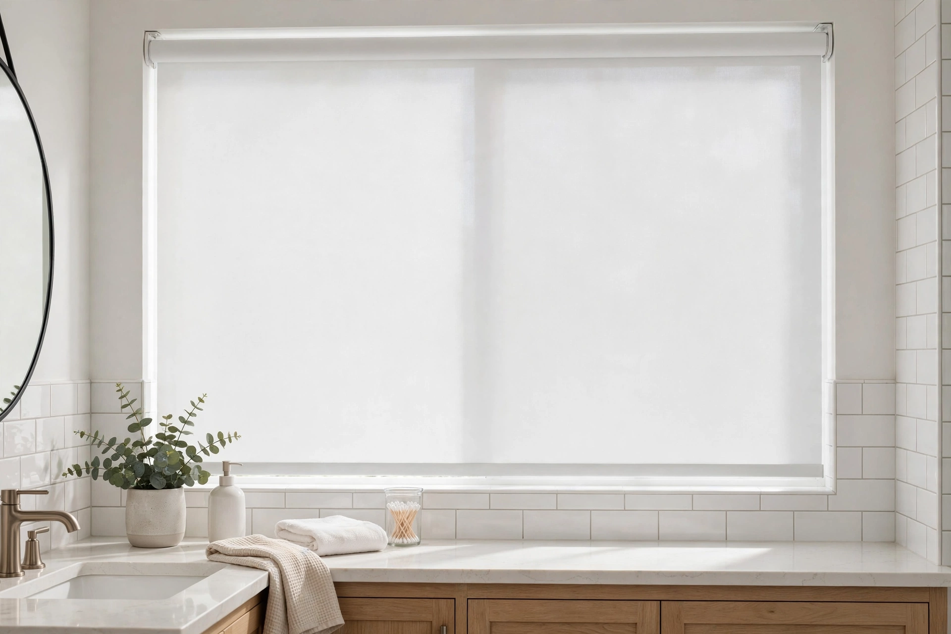White vinyl roller shade fully lowered over a bathroom window