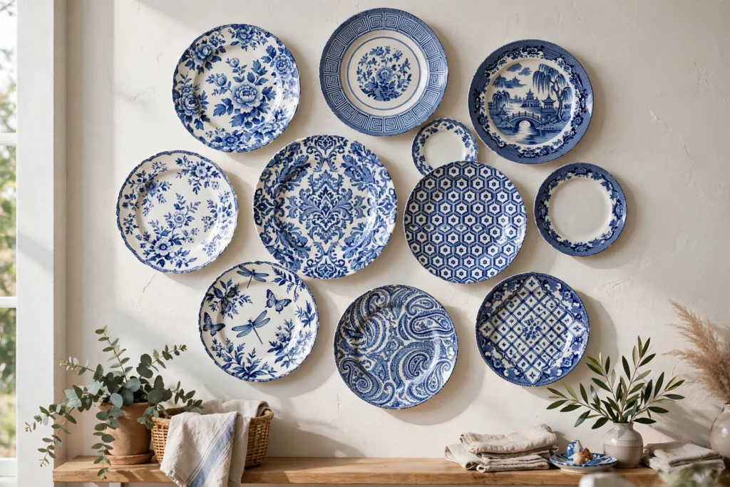 Blue and white patterned plates in various designs forming a cohesive wall display