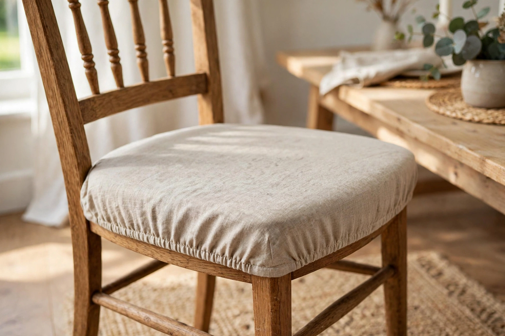 Fitted seat-only fabric cover with elastic hem on a wooden dining chair