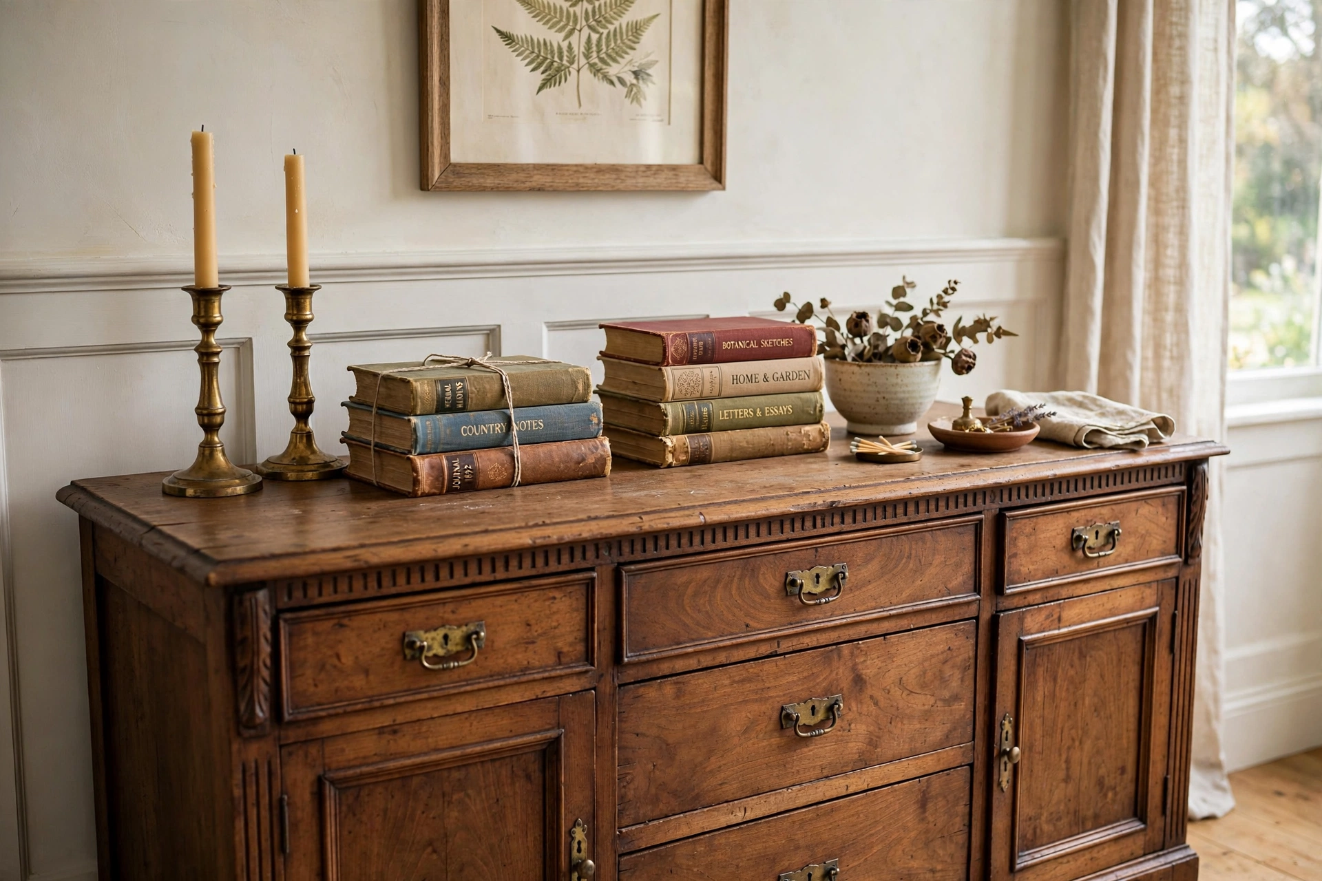 Antique walnut sideboard styled with candlesticks and stacked vintage books