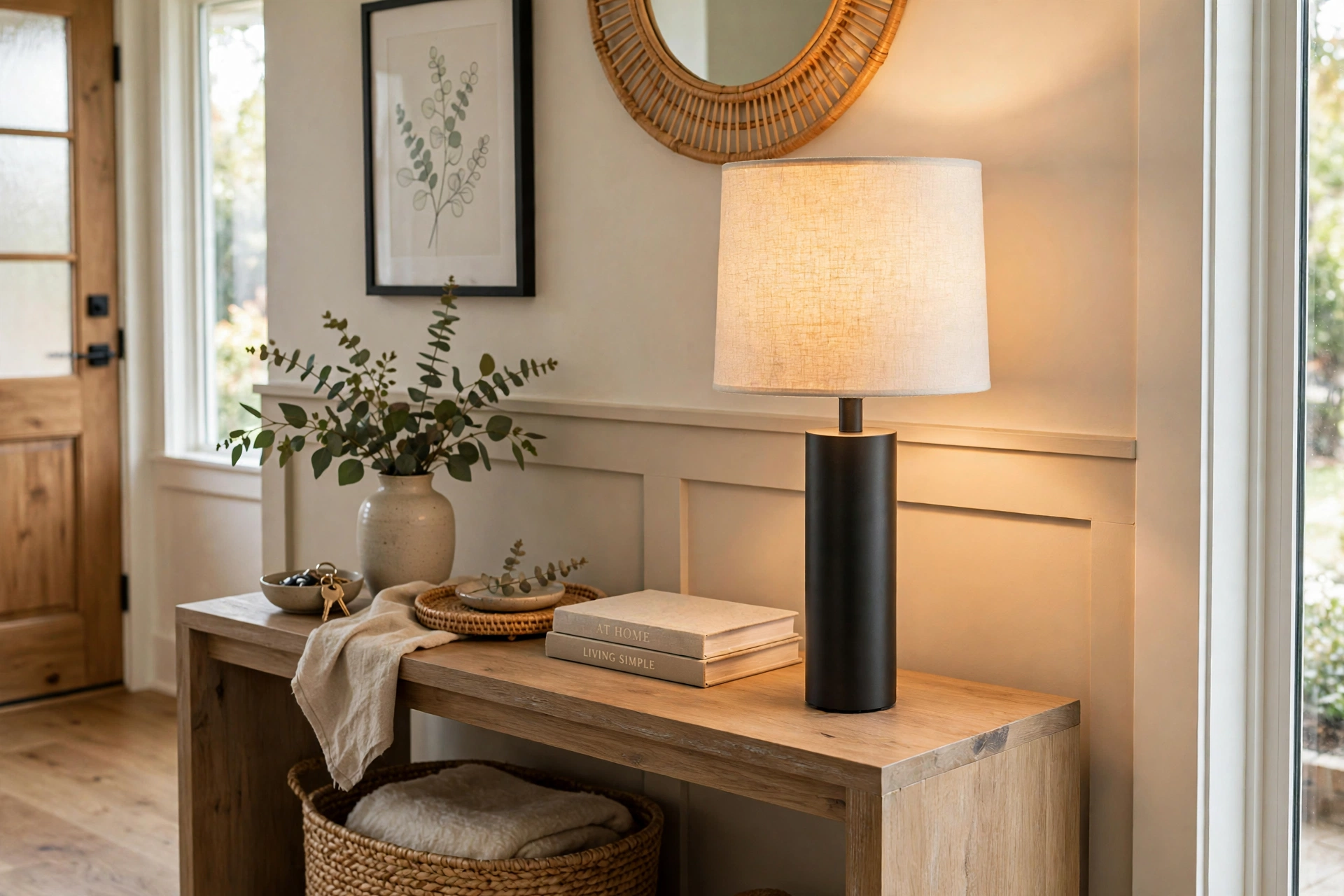 Modern cordless rechargeable table lamp glowing on an entryway console table