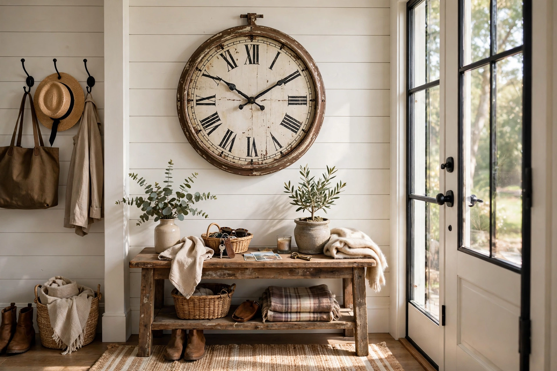 Vintage-style wall clock with Roman numerals and distressed finish in a farmhouse entry
