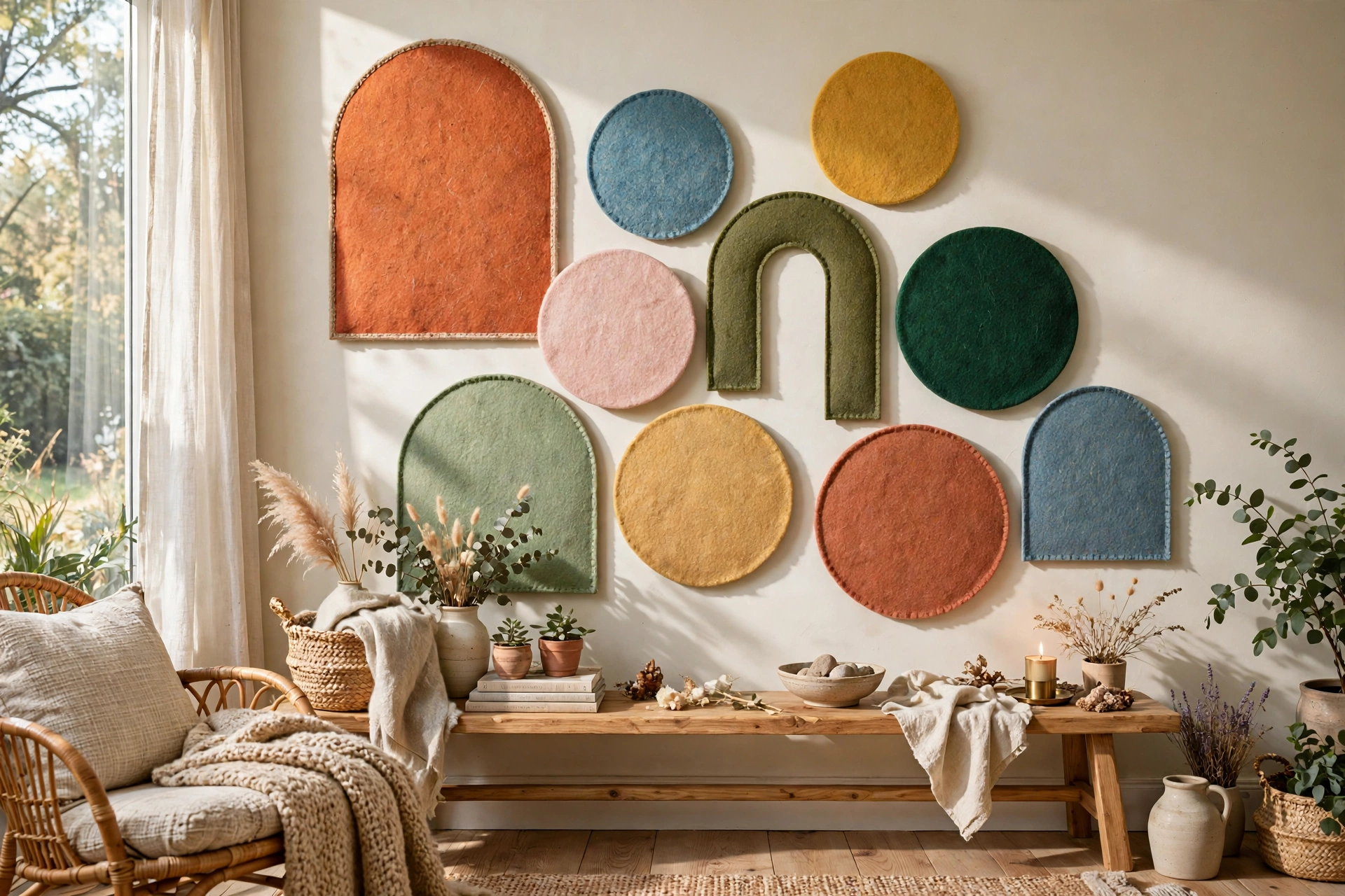 Colorful recycled felt acoustic panels in arch and circle shapes on a wall