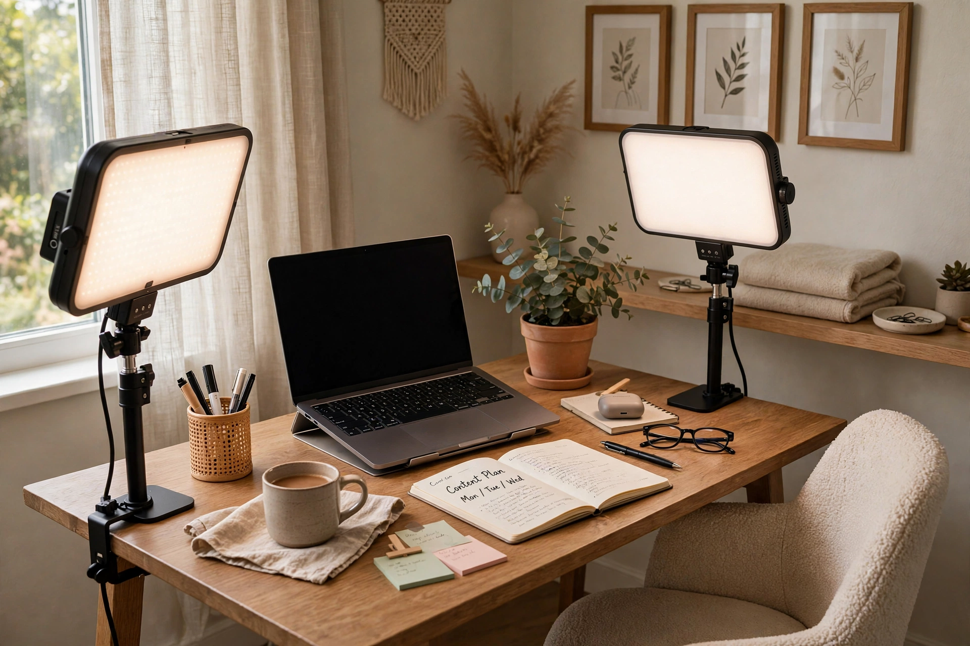Desk with key light and fill light arranged for flattering video calls