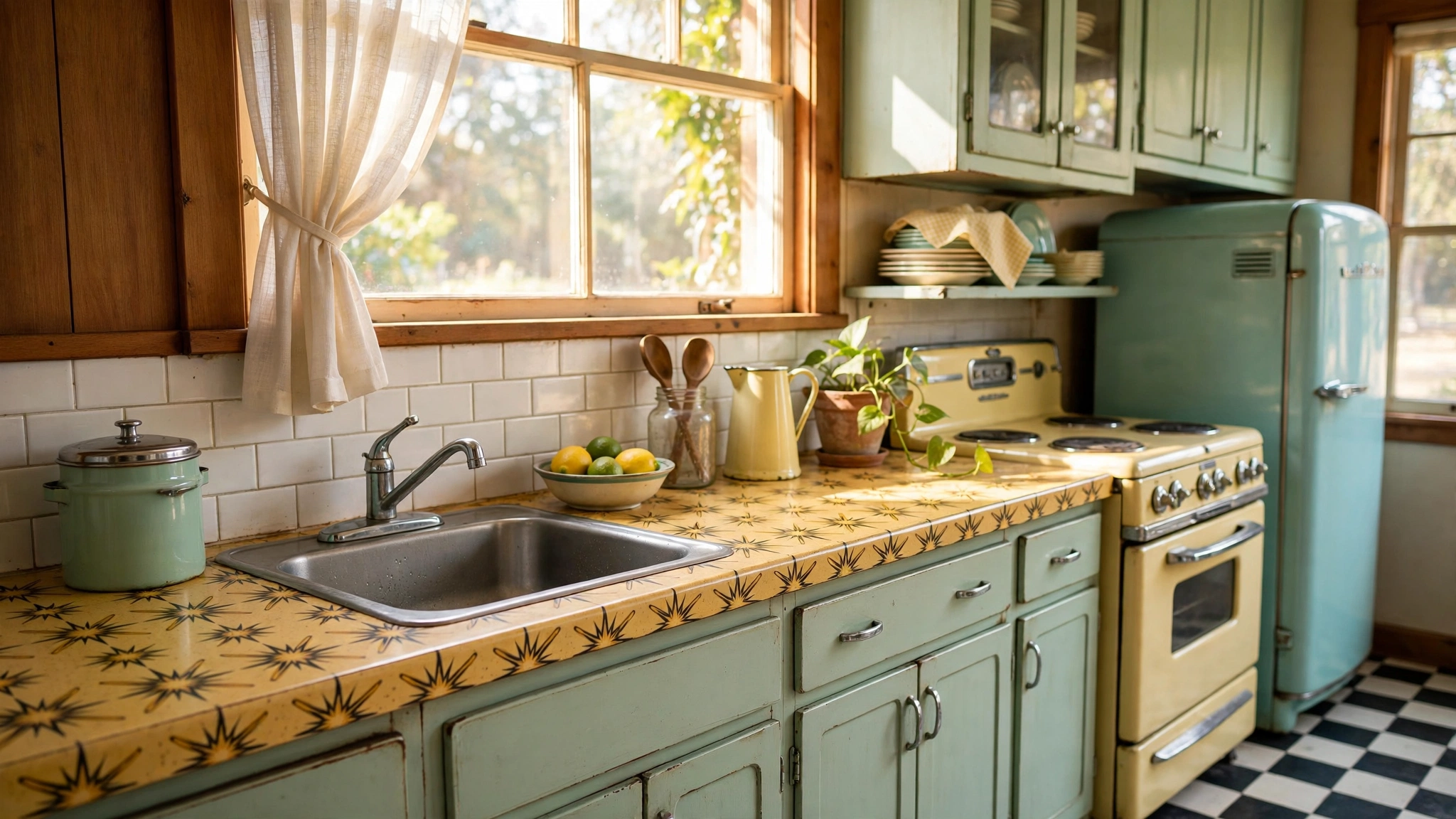 Retro laminate countertops with a classic pattern in a vintage kitchen