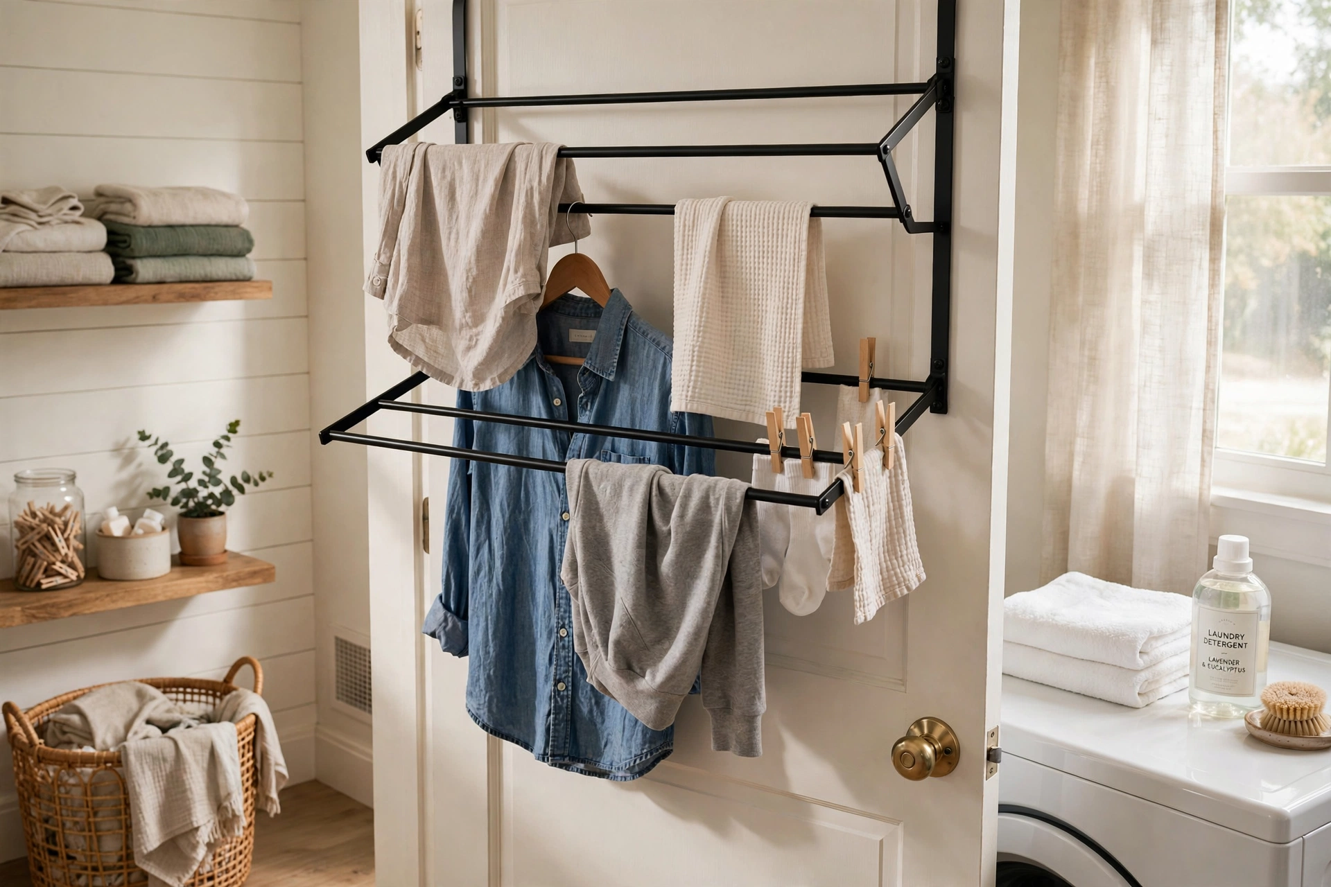 Over-the-door drying rack with hanging bars on a laundry room door