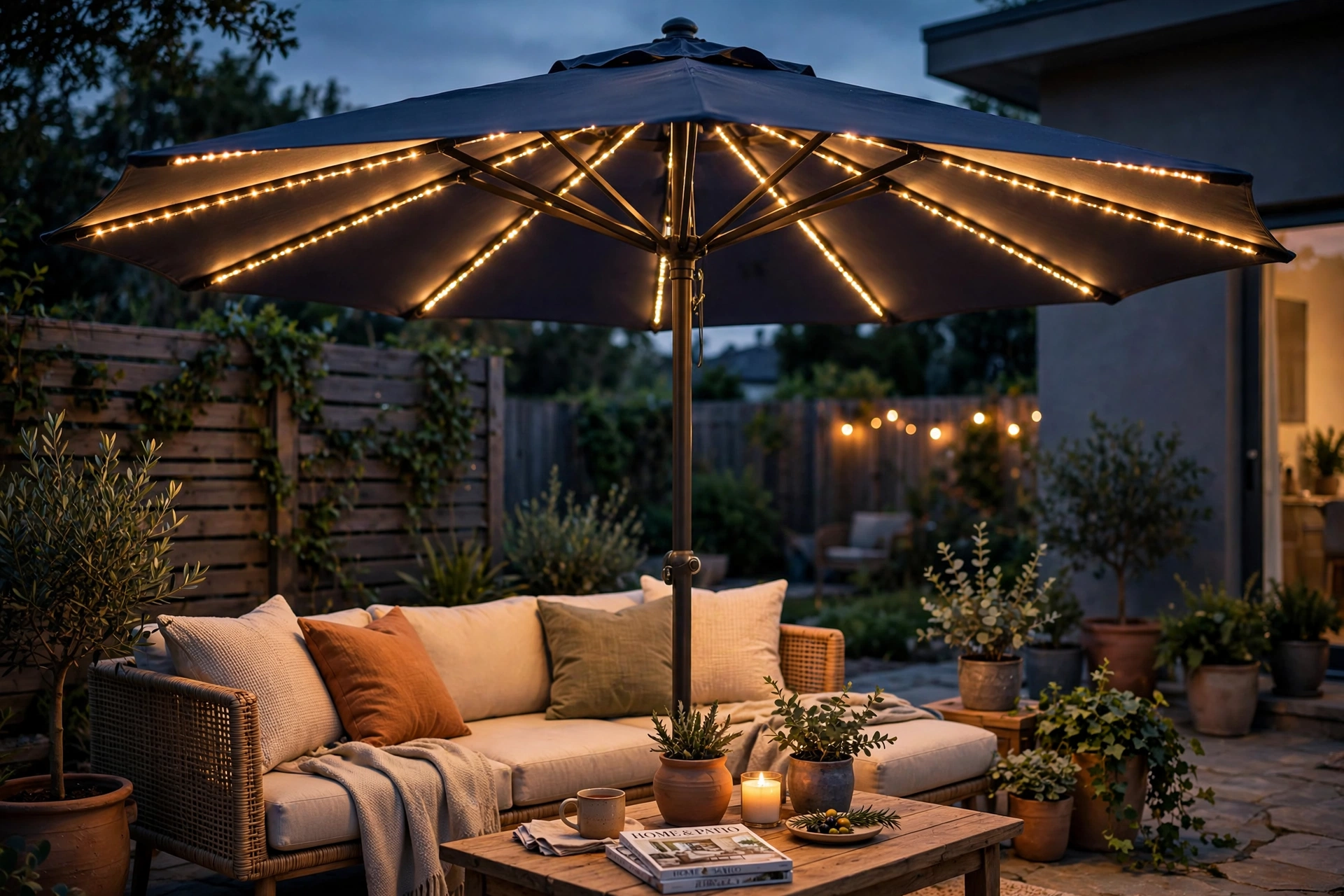 Solar LED patio umbrella glowing warmly over an evening seating area