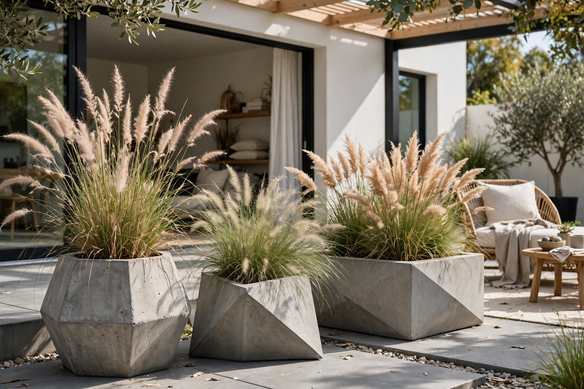 Geometric concrete planters with ornamental grasses on a modern patio