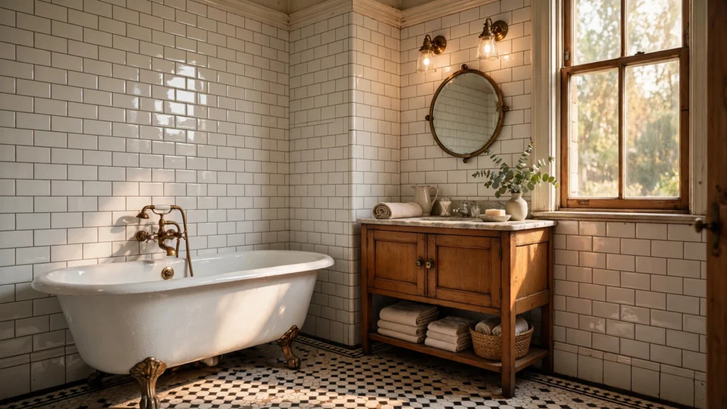 Glossy white subway tile walls in a vintage bathroom