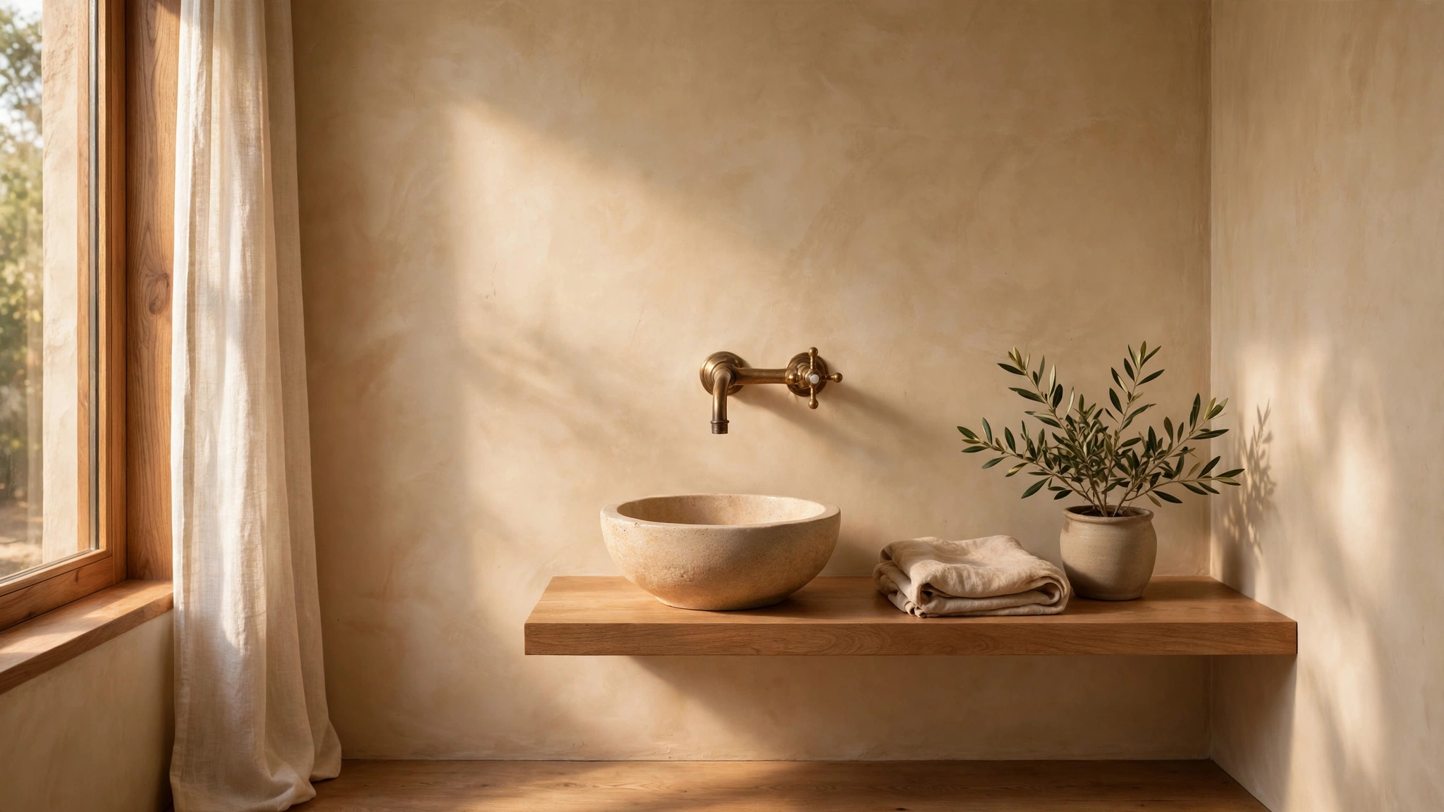 Wall mounted faucet over a small vessel sink in a powder room