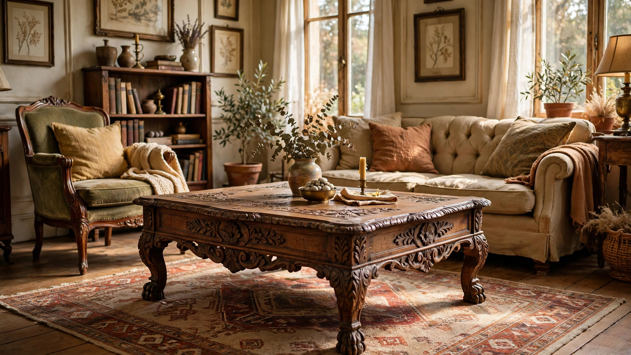 Carved antique wooden coffee table in a vintage living room