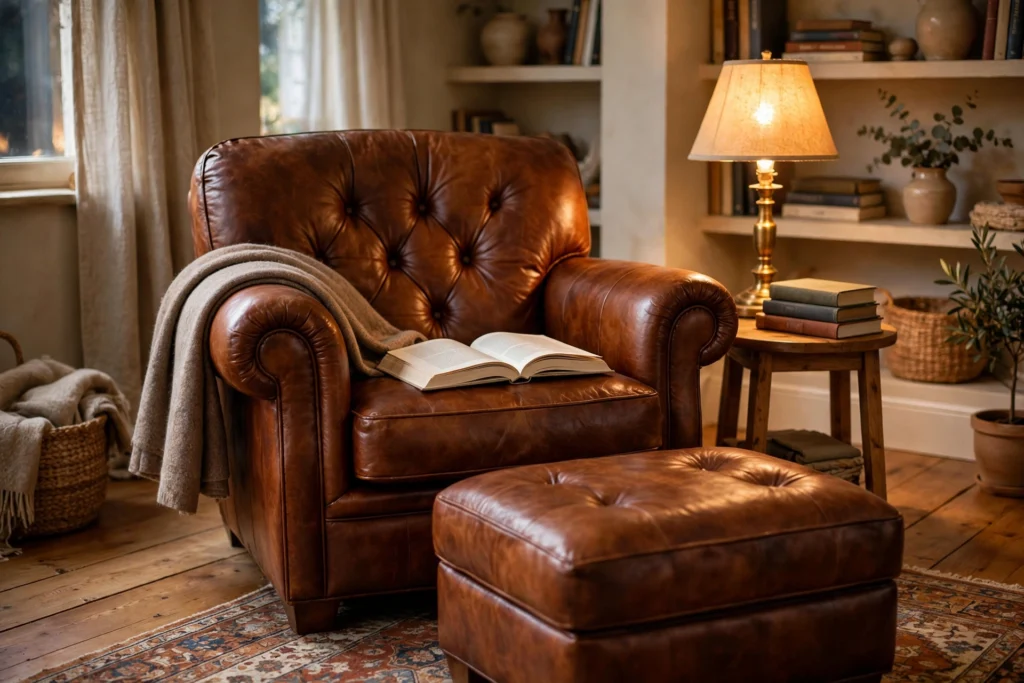 Deep comfortable armchair reading nook with ottoman, throw blanket and books