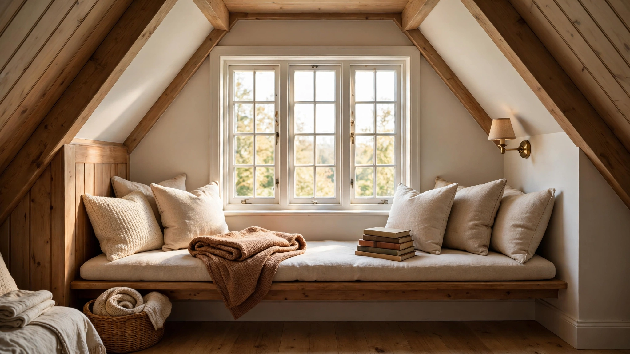 Dormer window reading nook with cushioned seat in a cozy attic bedroom
