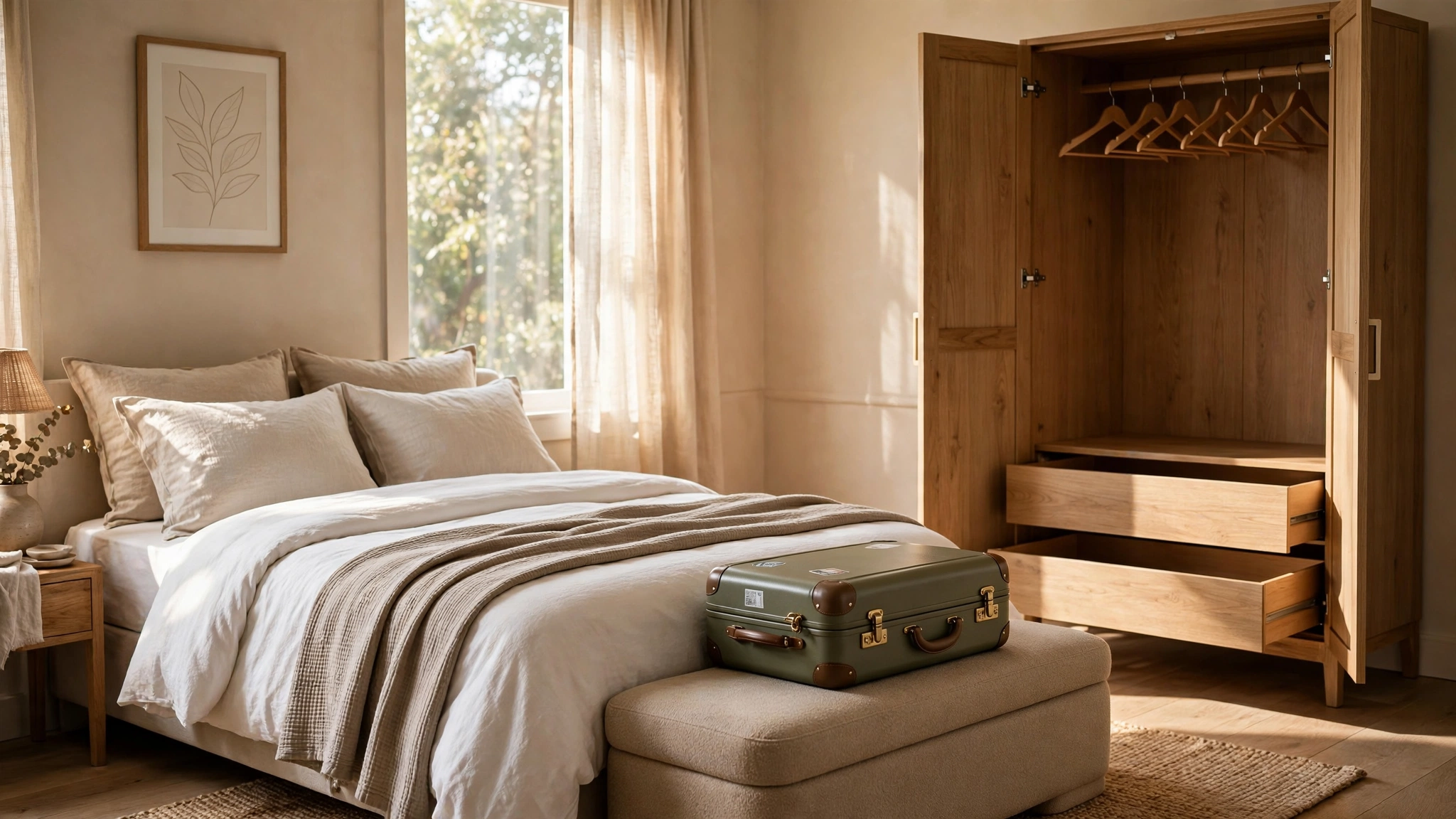 Guest bedroom design ideas with a luggage bench and open wardrobe space for visitors