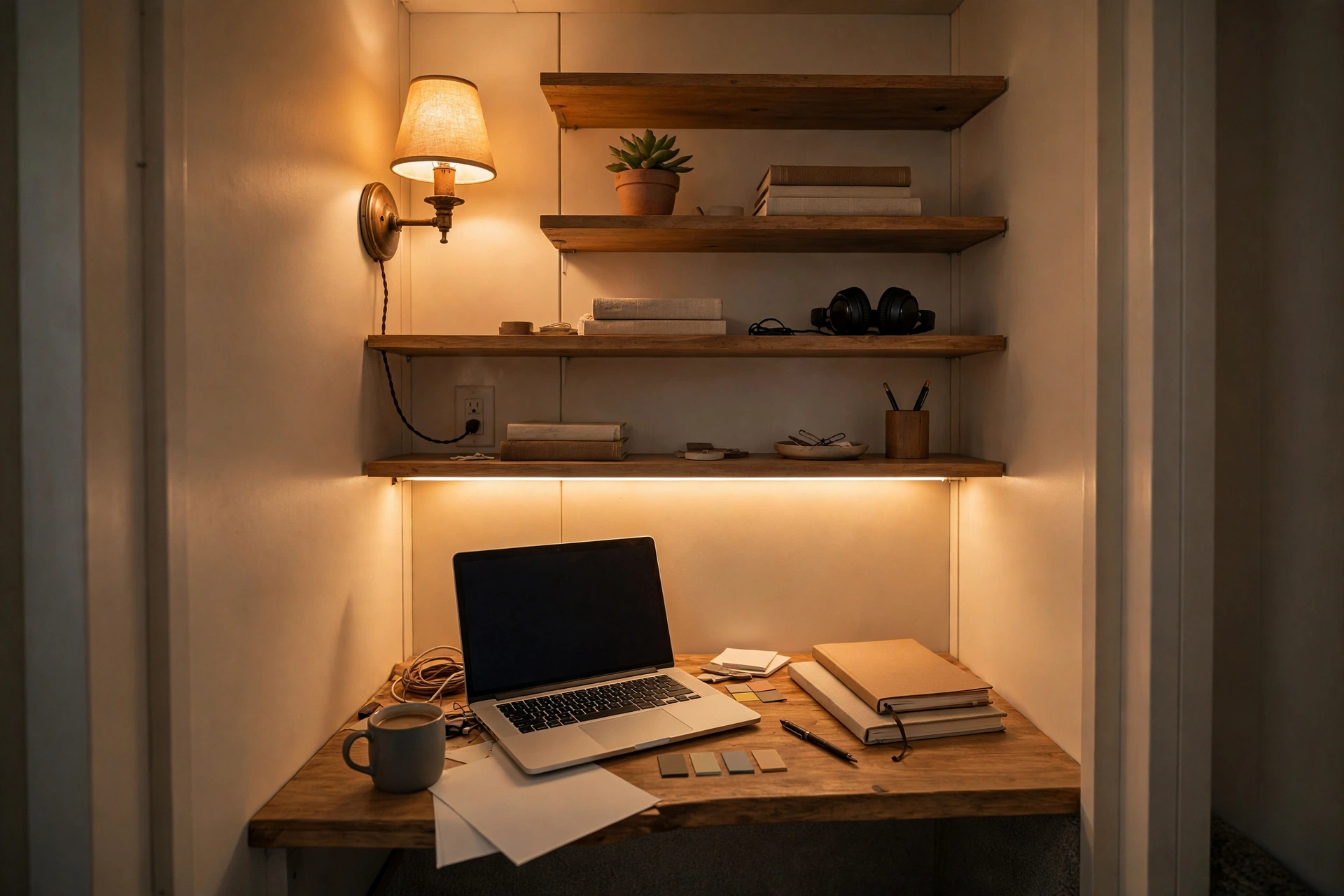 Windowless closet office lit with a wall sconce and warm LED strip under the shelves