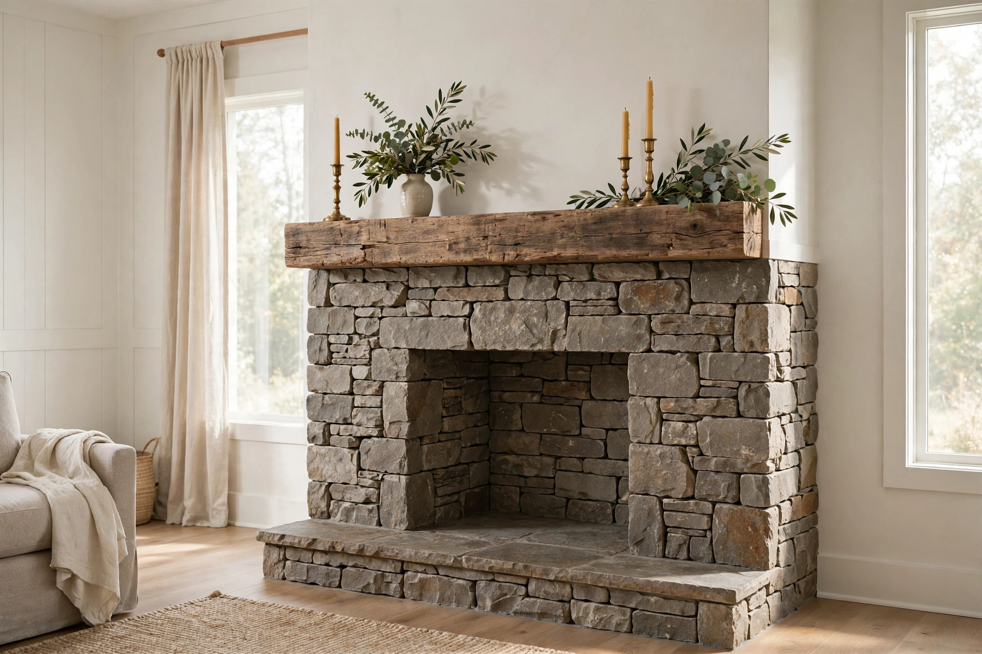 Rustic stacked stone fireplace with reclaimed wood mantel in a farmhouse living room