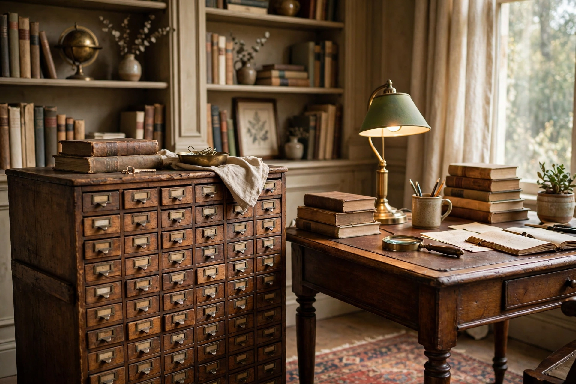 Vintage wooden card catalog drawers used for storage in a classic home office