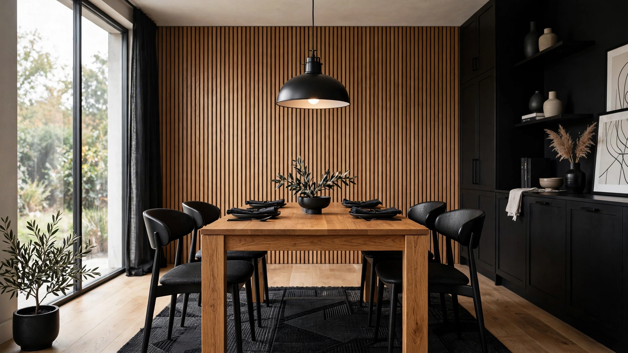 Modern dining room with black chairs and pendant light paired with a warm oak table