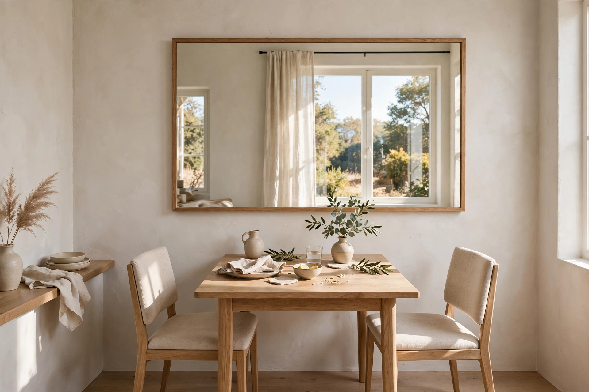 Large mirror hung above a small dining table reflecting window light