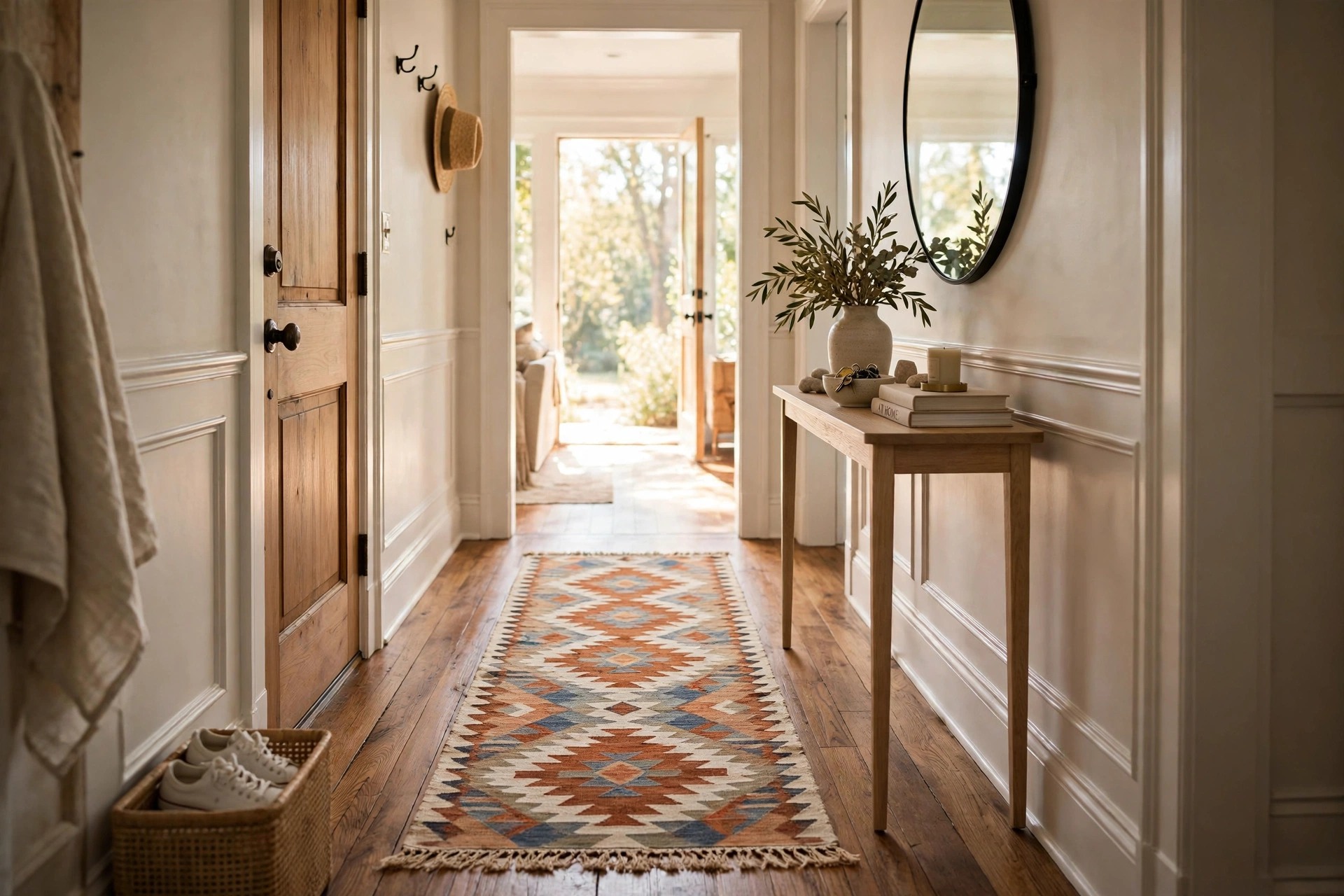 Patterned runner rug laid along a hallway entryway with a console table and mirror