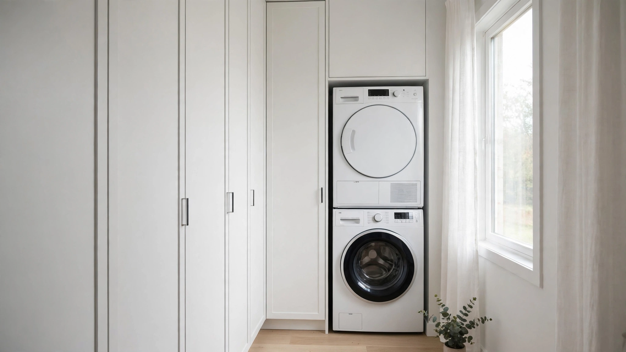 Floor-to-ceiling white cabinets for closed storage beside stacked machines in a small laundry room