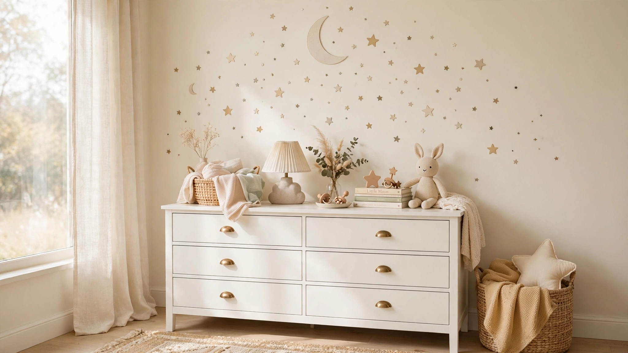 Nursery wall decorated with star and moon wall decals above a white dresser
